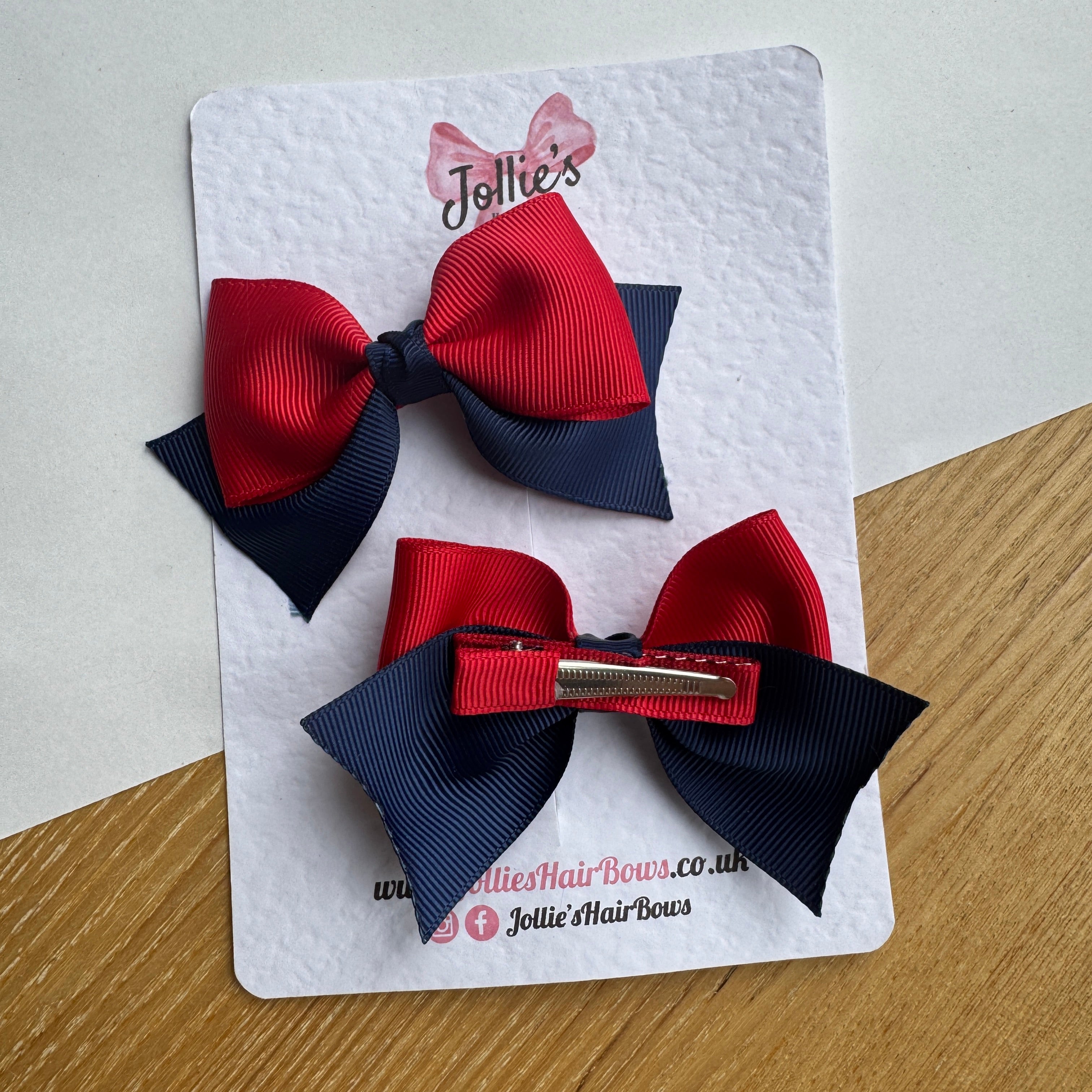 3" Red & Navy Layered Pointed-Tail Hair Bow Pair – Grosgrain Ribbon Clips with Teeth