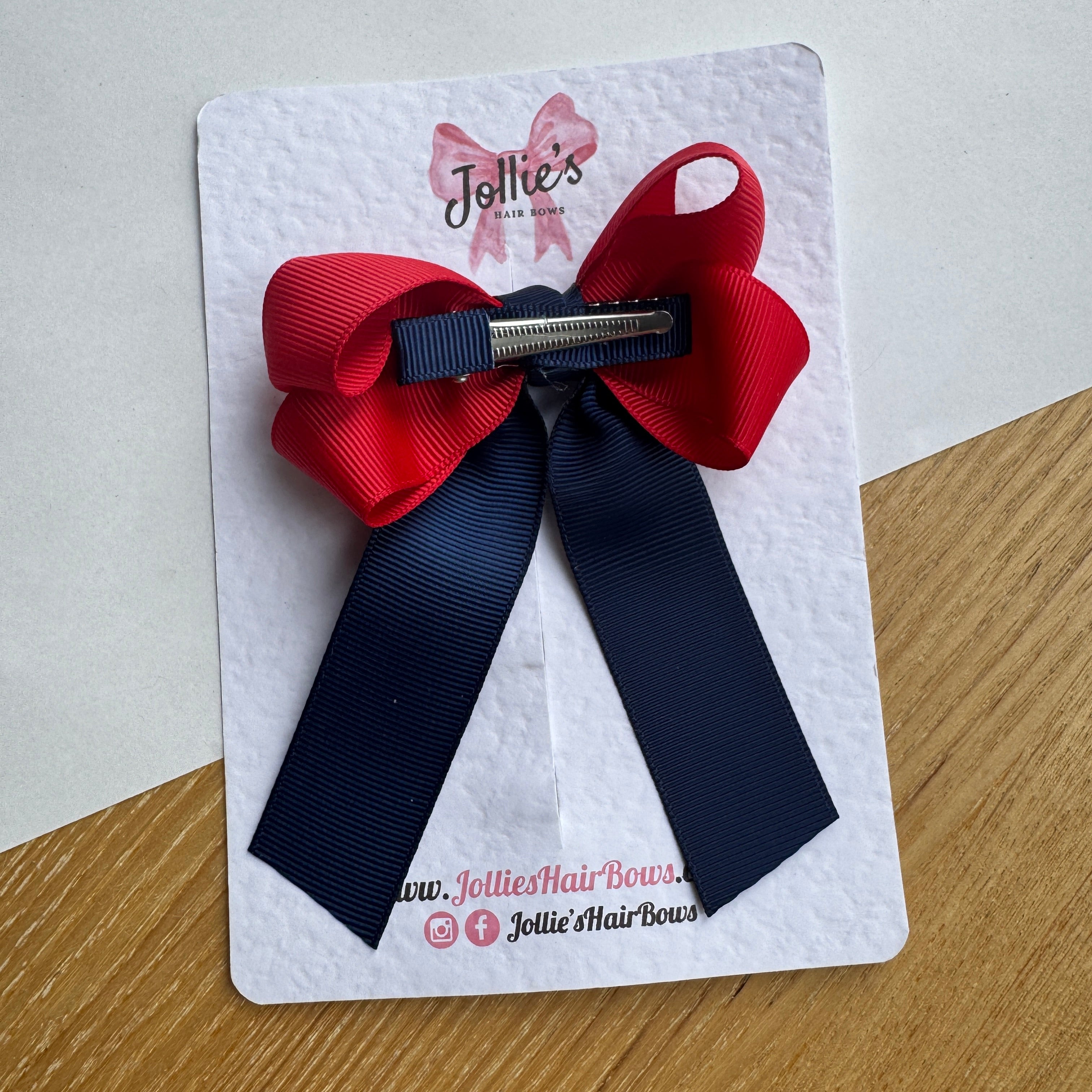 3" Red & Navy Classic Ribbon Tail Hair Bow – Grosgrain Ribbon Clip with Teeth