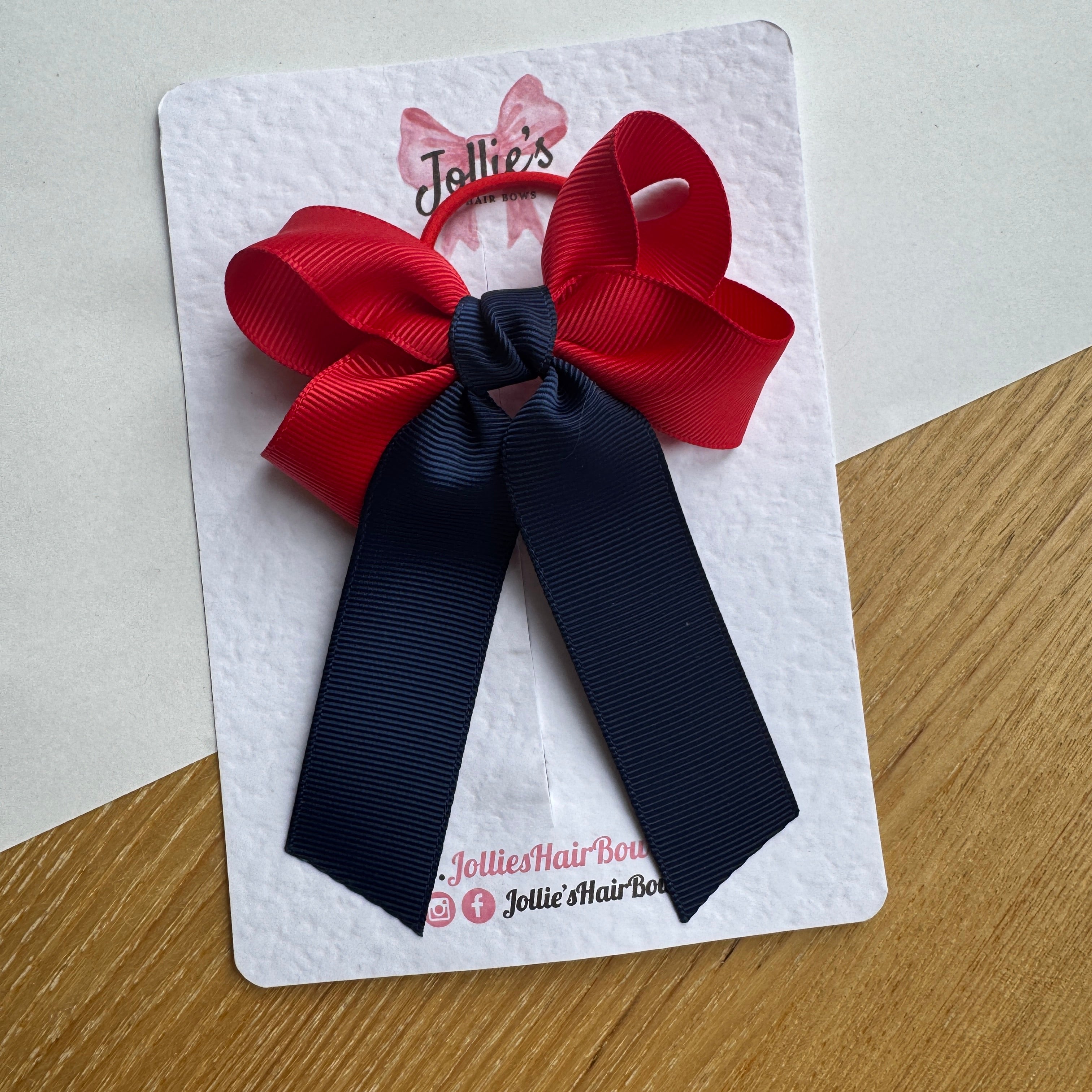 3" Red & Navy Classic Ribbon Tail Hair Bow – Grosgrain Ribbon on Thin Elastic
