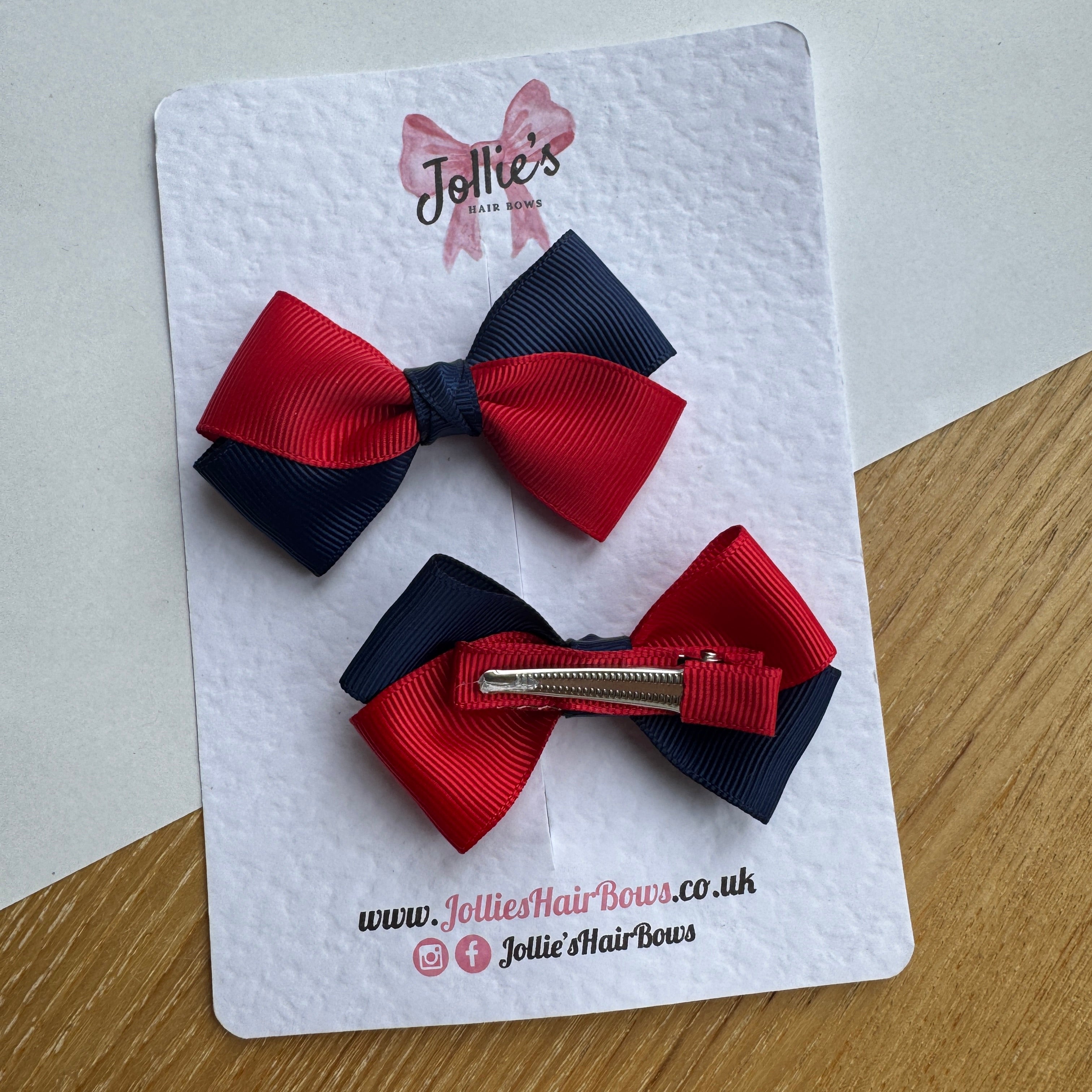3" Red & Navy Twisty Hair Bow Pair – Grosgrain Ribbon Clips with Teeth