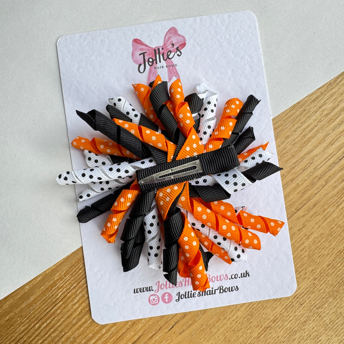 4" Orange, Black & White Halloween Corker Hair Bow with Clip (Single) β Grosgrain Ribbon
