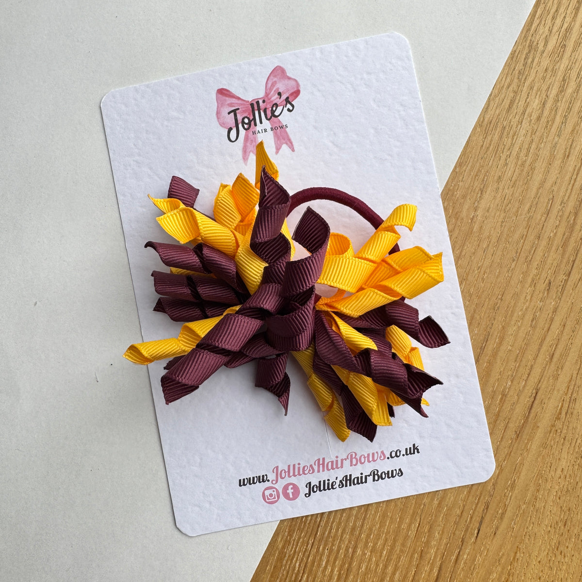 Yellow Gold & Burgundy 3.5" Corker Hair Bow with Thick Elastic Bobble – Two Tone Grosgrain Ribbon