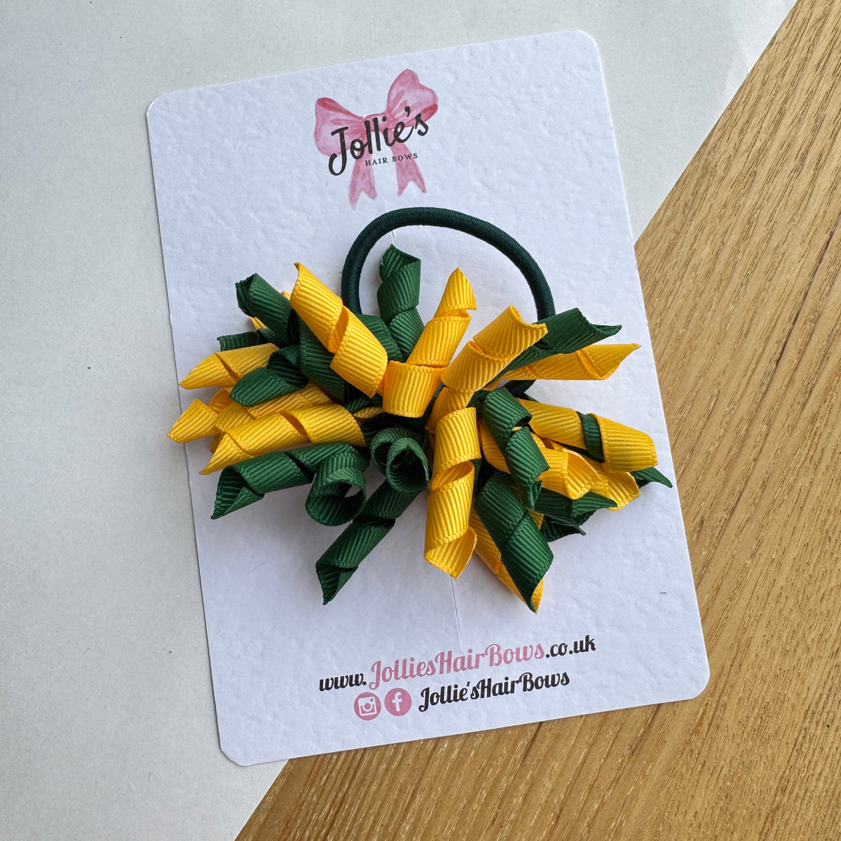 Forest Green & Yellow Gold 3.5" Corker Hair Bow with Thick Elastic Bobble – Two Tone Grosgrain Ribbon