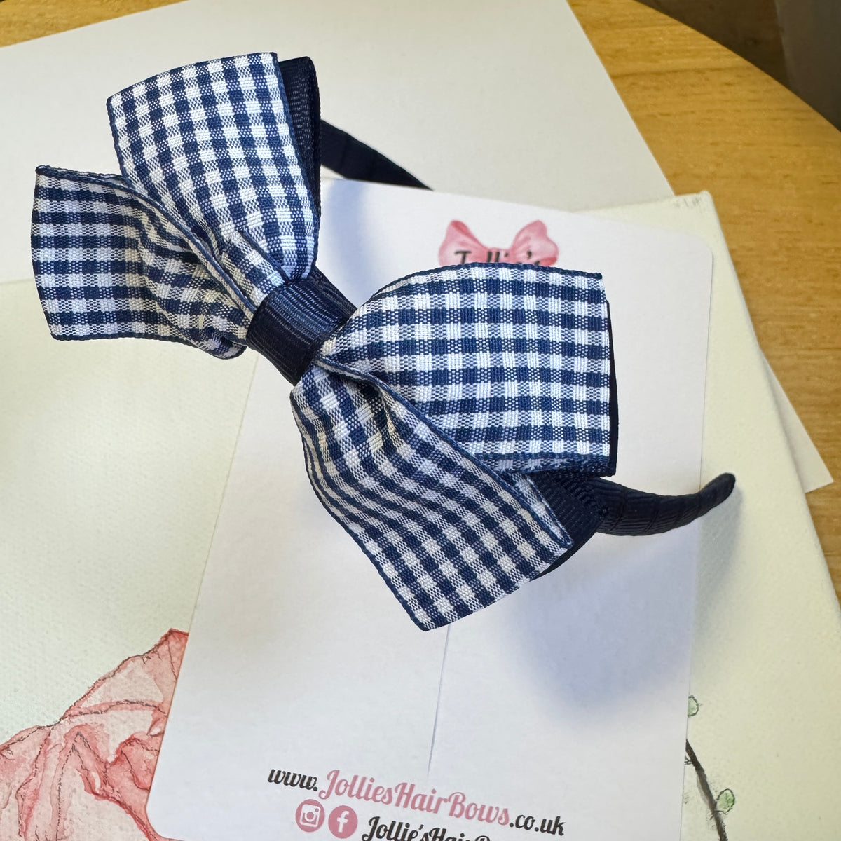 4" Flat Bow Headband – Navy Gingham