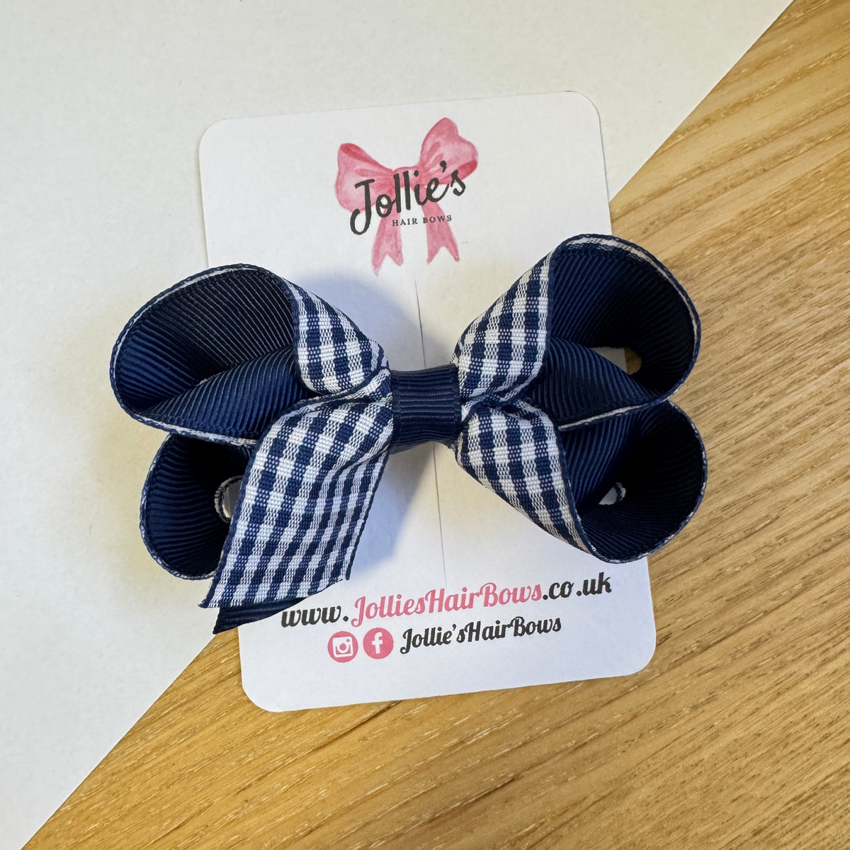 3" Navy Gingham Bow with Clip – Grosgrain Ribbon Hair Bow for Girls