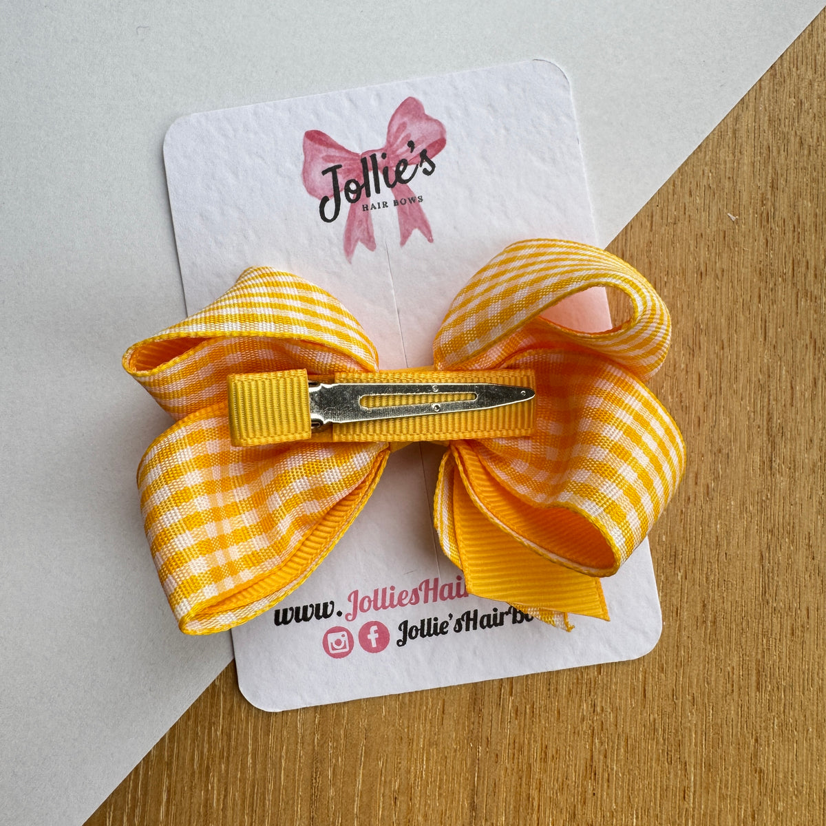 3" Yellow Gingham Bow with Clip – Grosgrain Ribbon Hair Bow for Girls