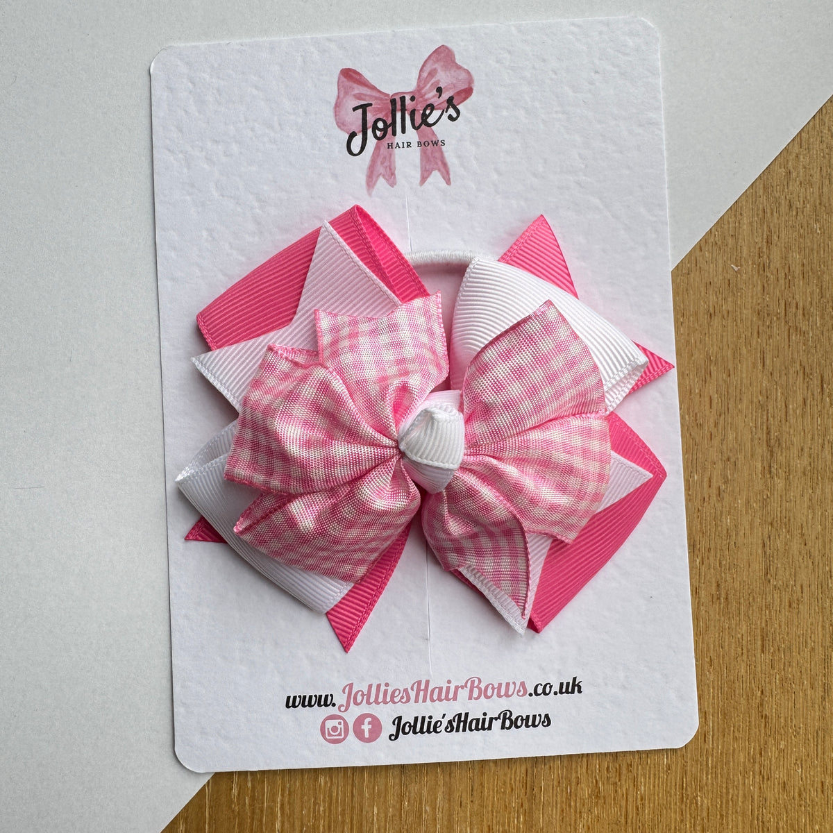 4" Pink & White Gingham Layered Hair Bow with Bobble β Grosgrain Ribbon Hair Bow for Girls