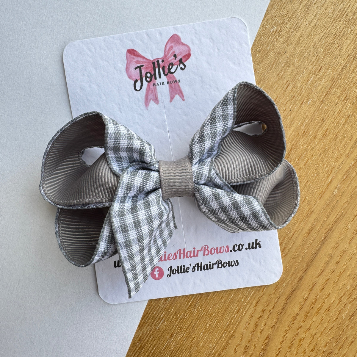 3" Silver Gingham Bow with Clip – Grosgrain Ribbon Hair Bow for Girls