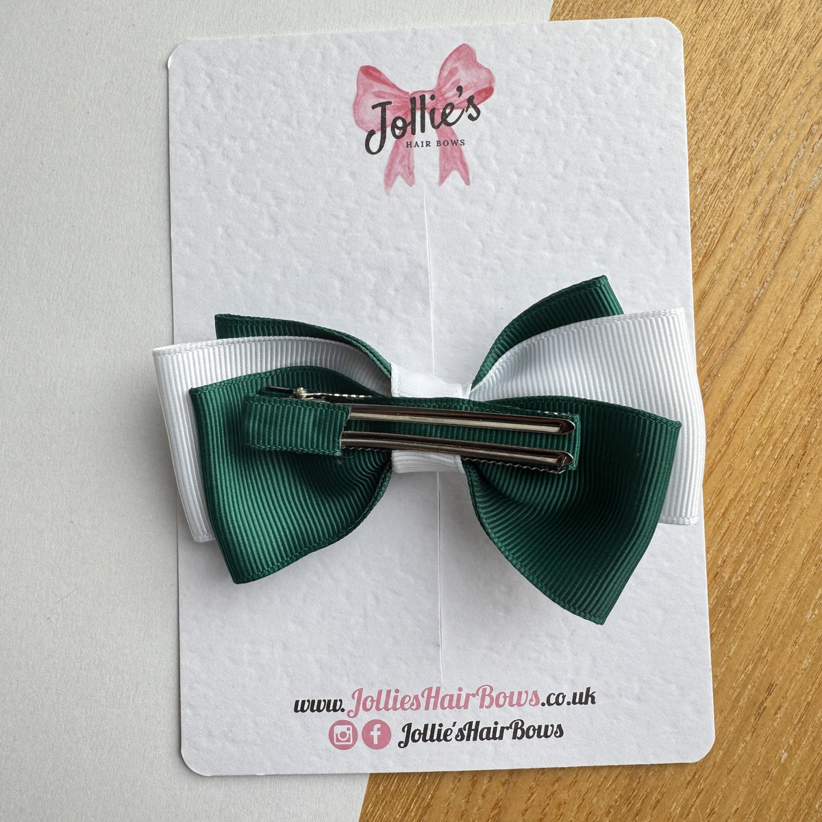 3.5" Forest Green & White Double Layer Hair Bow – Grosgrain Ribbon Clip with Teeth