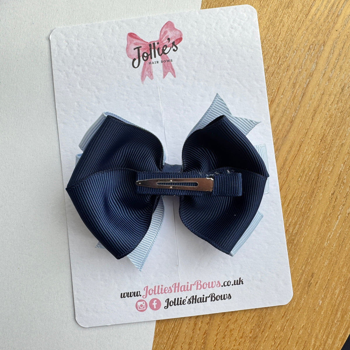 3.5" Navy & Bluebell Flat Double Hair Bow – Smooth Alligator Clip