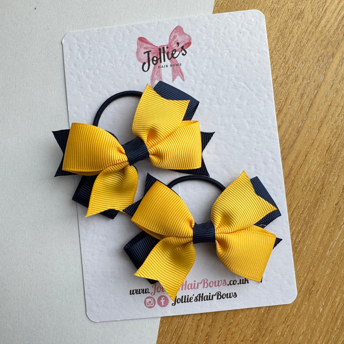 3" Double Layer Bow with Thin Elastic (Pair) – Navy & Yellow Gold