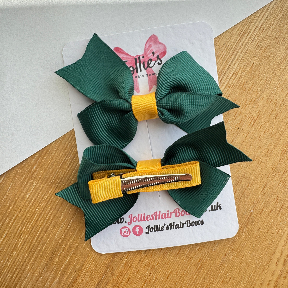 2.5" Yellow Gold & Forest Green Lively Bow Clip Set – Grosgrain Ribbon Hair Bows for Girls (Pair)