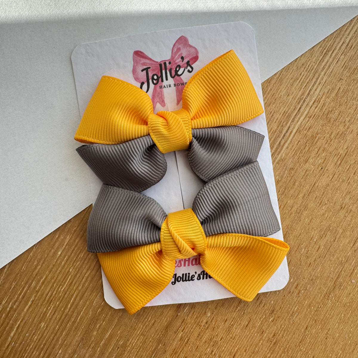 2.5" Yellow Gold & Metal Grey Classic Hair Bow Pair – Grosgrain Ribbon Clips with Teeth