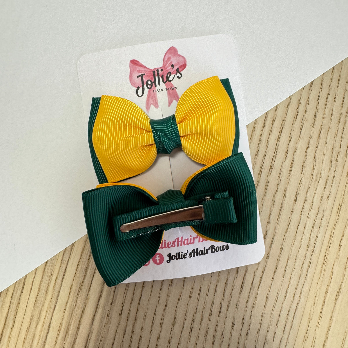 2.5" Yellow Gold & Forest Green Hair Bow Pair with 1.6" Lined Alligator Clip β Grosgrain Ribbon