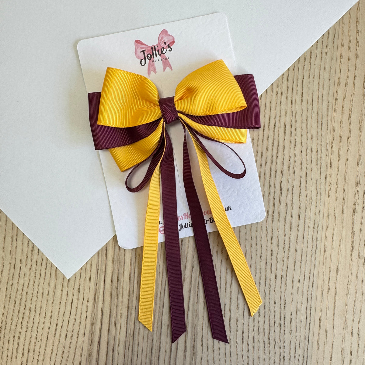 5" Yellow Gold & Burgundy Triple Layers Tail Bow – Grosgrain Ribbon Clip with Teeth