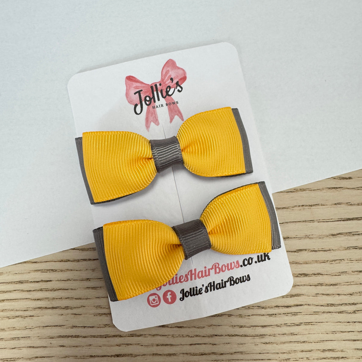 2.5" Yellow Gold & Metal Grey Bow Clip Set β Hair Bows for Girls (Pair)