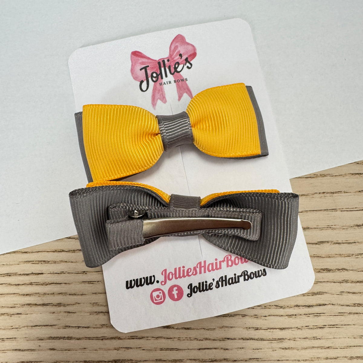 2.5" Yellow Gold & Metal Grey Bow Clip Set β Hair Bows for Girls (Pair)