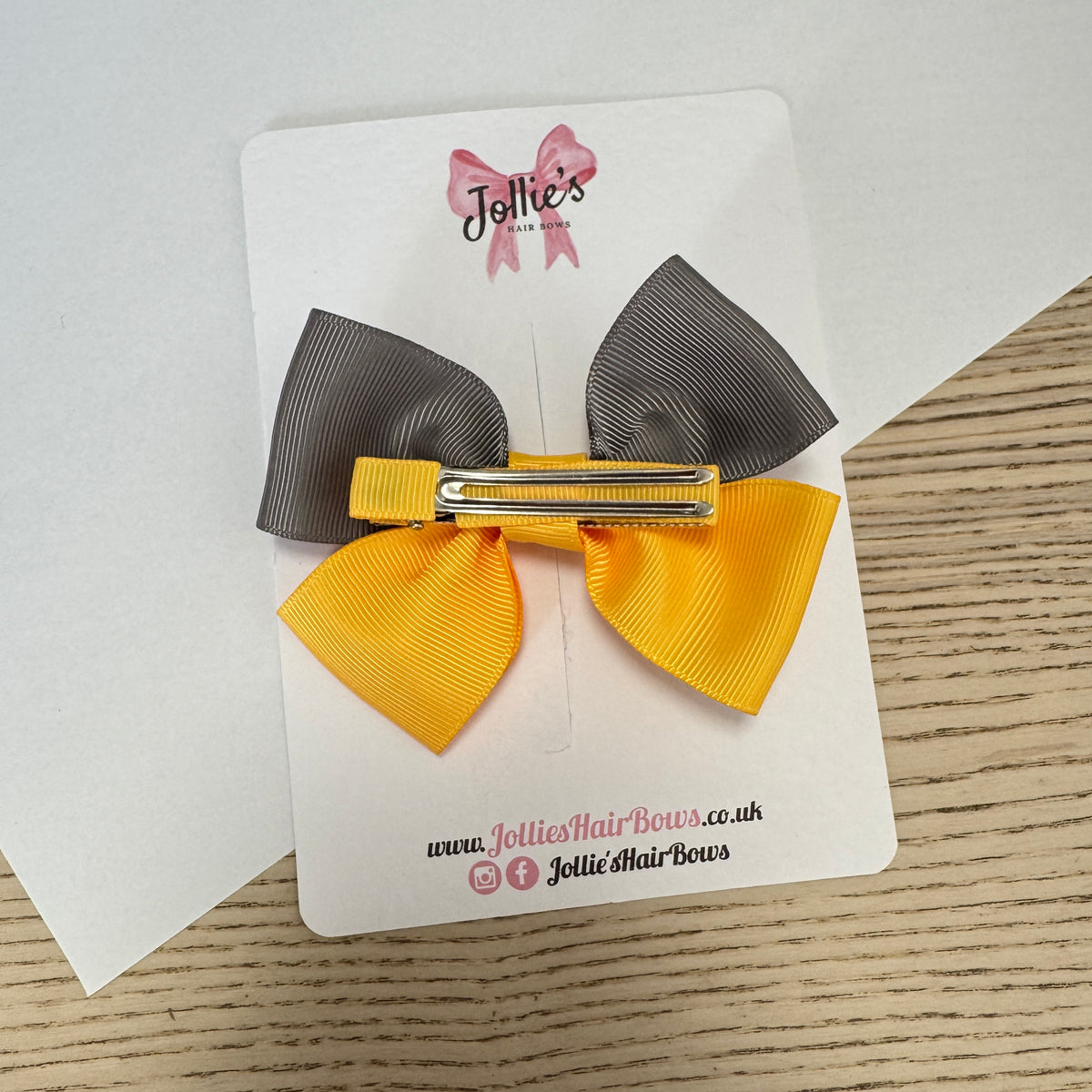4" Yellow Gold & Metal Grey Classic Hair Bow – Grosgrain Ribbon with 2.4" Double Sponge Alligator Clip
