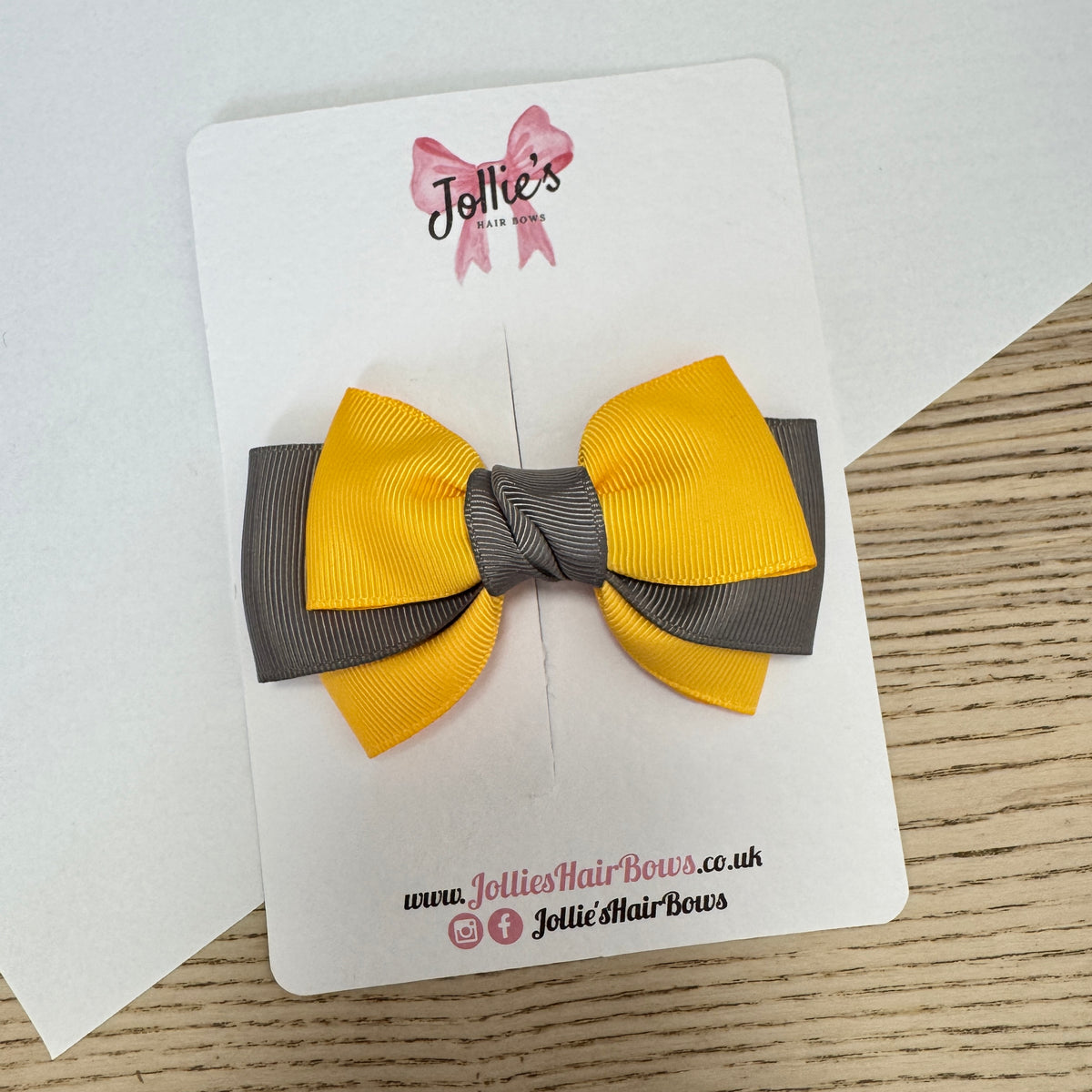 3.5" Yellow Gold & Metal Grey Double Layer Hair Bow – Grosgrain Ribbon Clip with Teeth