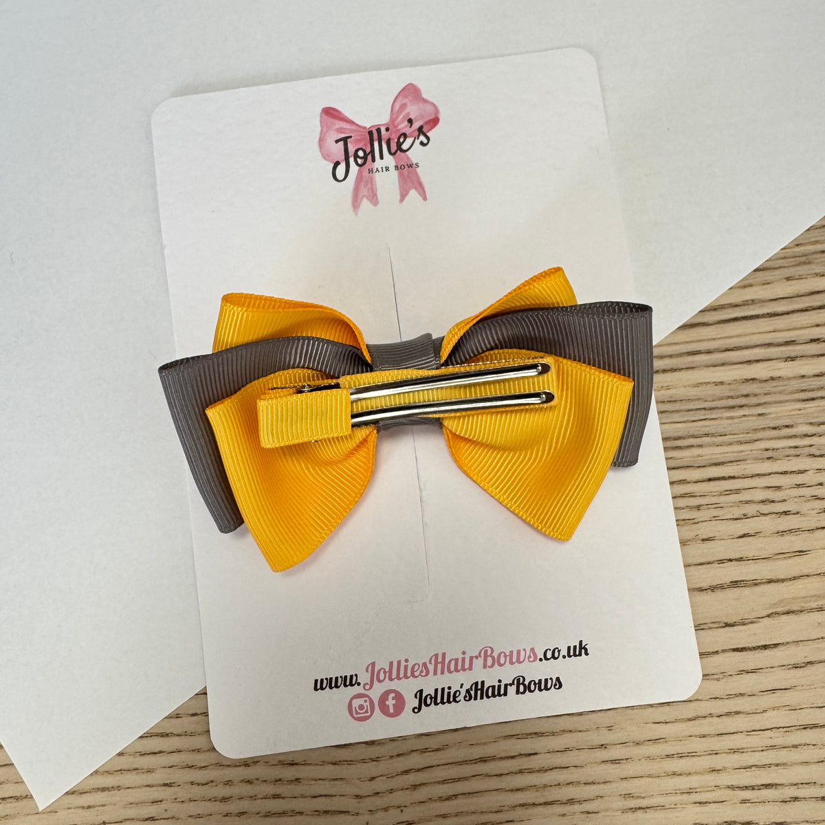 3.5" Yellow Gold & Metal Grey Double Layer Hair Bow – Grosgrain Ribbon Clip with Teeth