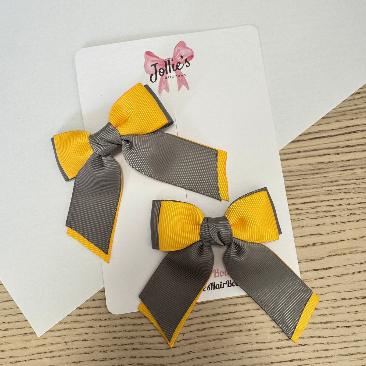 3" Yellow Gold & Metal Grey Tail Bow with Lined Alligator Clip – Grosgrain Ribbon Pair