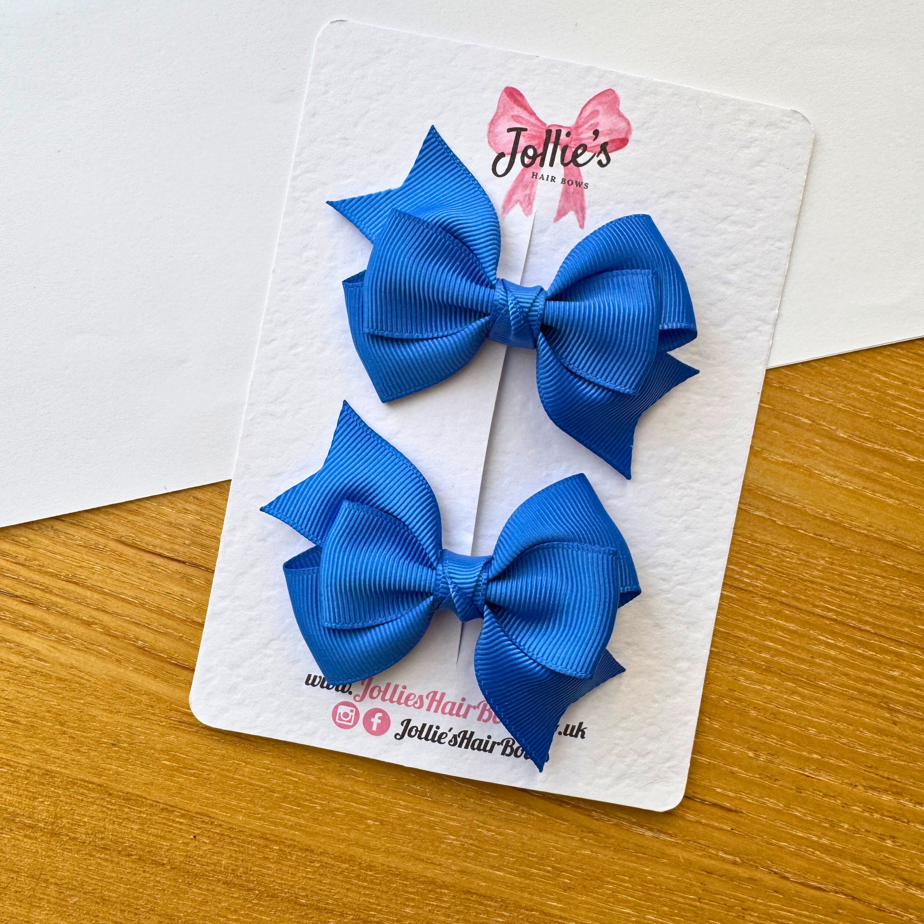 3" Royal Blue Tail-End Hair Bow Pair – Grosgrain Ribbon Clips with Teeth