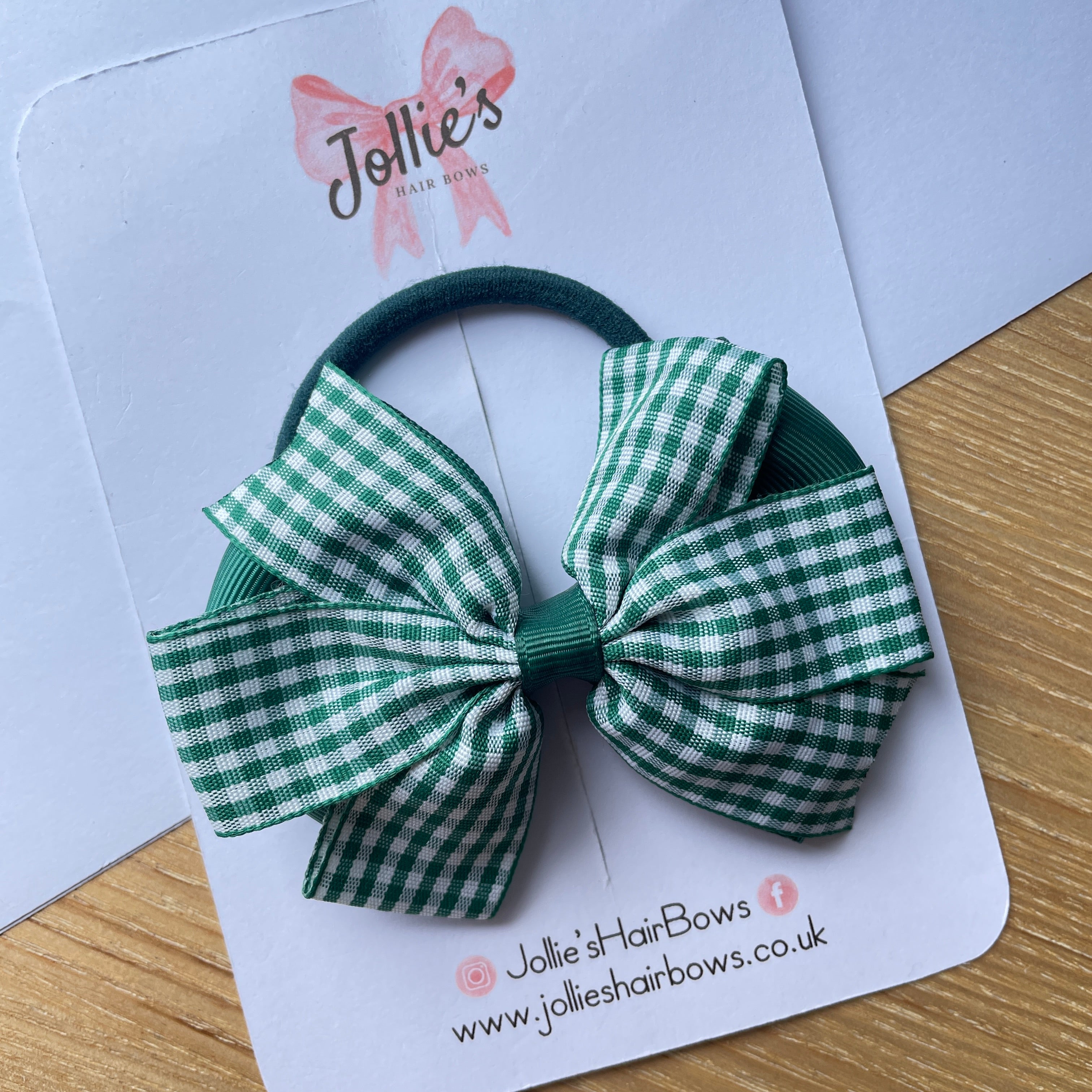 3.5" Hunter Green Gingham Flat Double Hair Bow with Thick Elastic Bobble