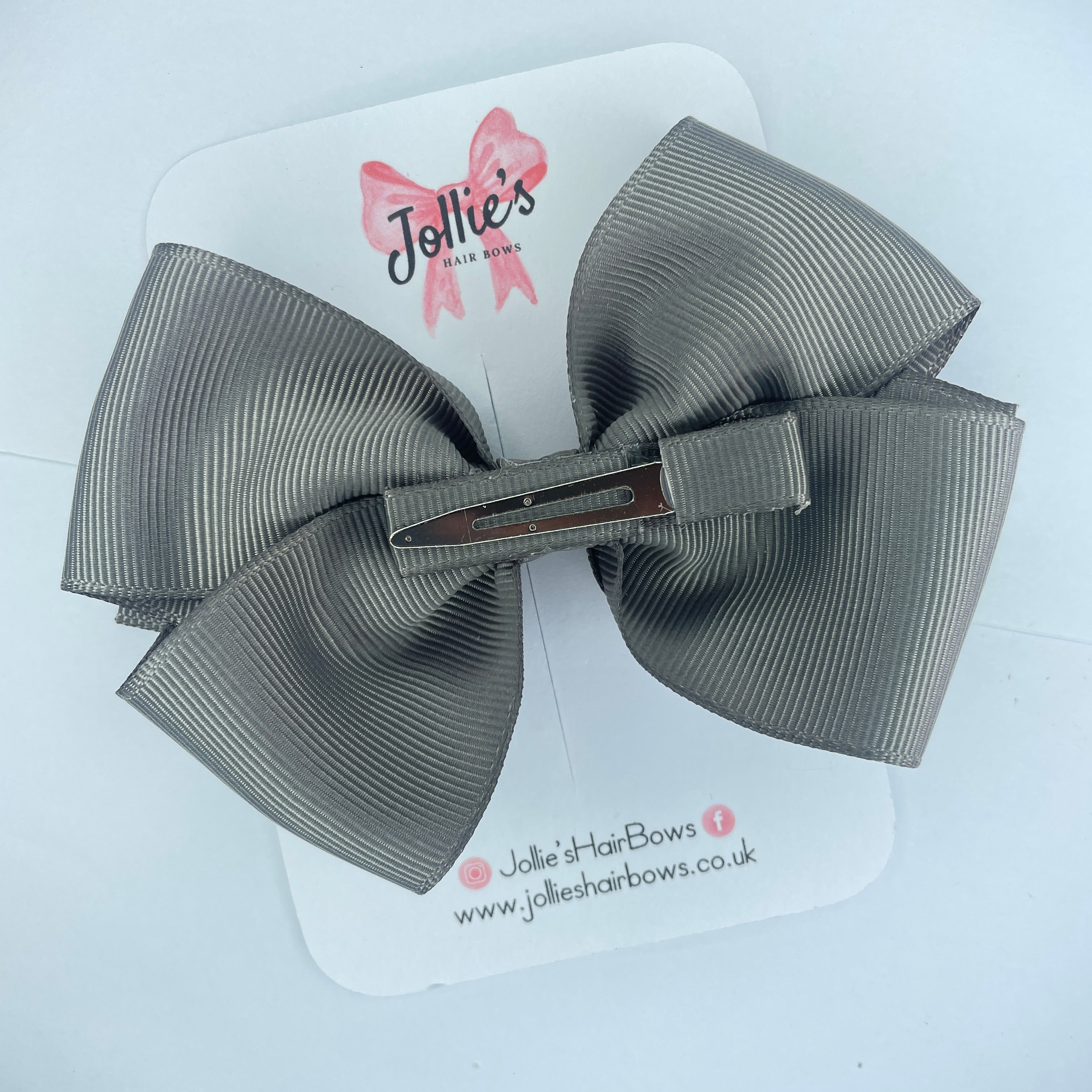 4" Metal Grey Hair Bow with Clip – Grosgrain Ribbon with Lined Alligator Clip
