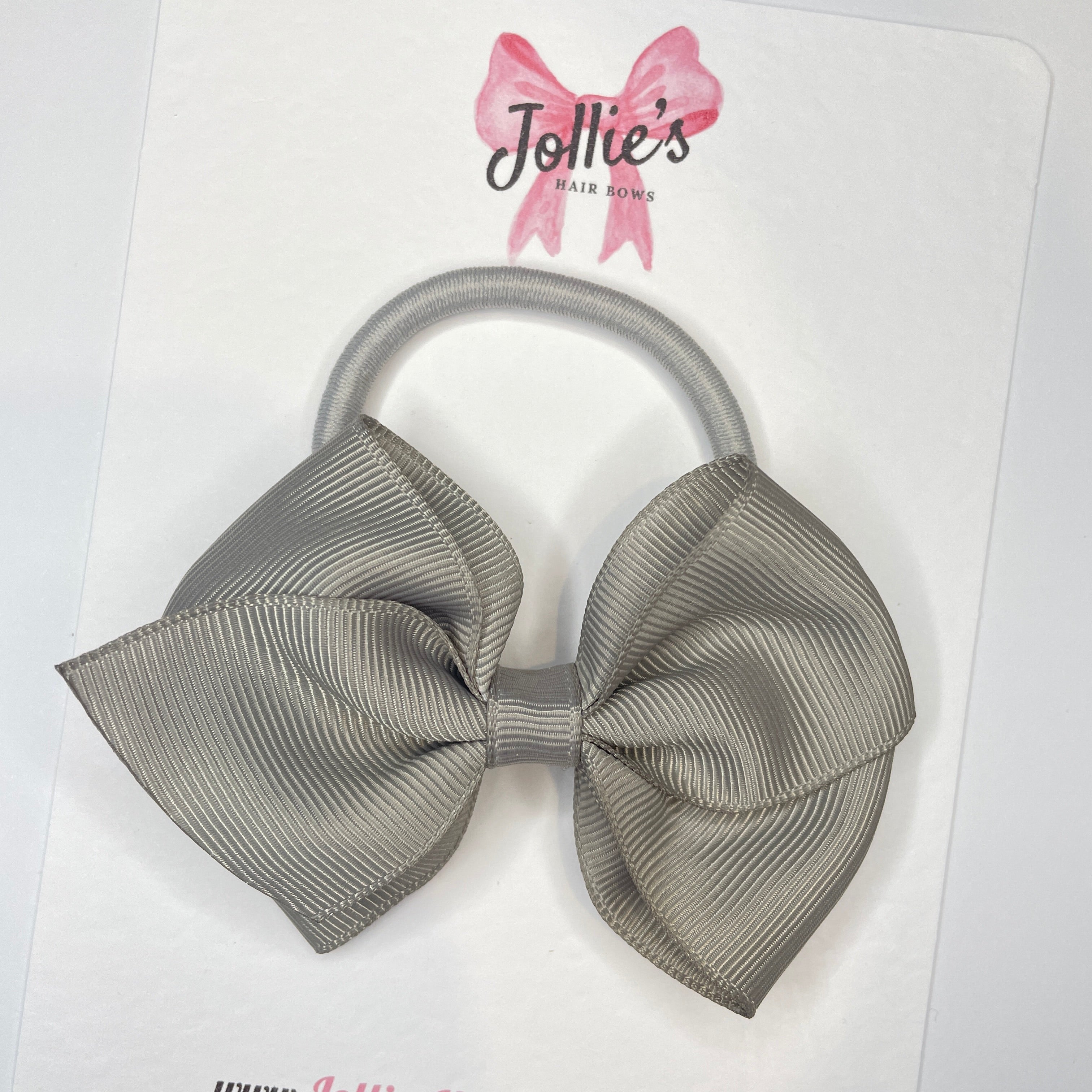 3.75" Silver Flat Hair Bow – Grosgrain Ribbon with Thick Elastic Bobble