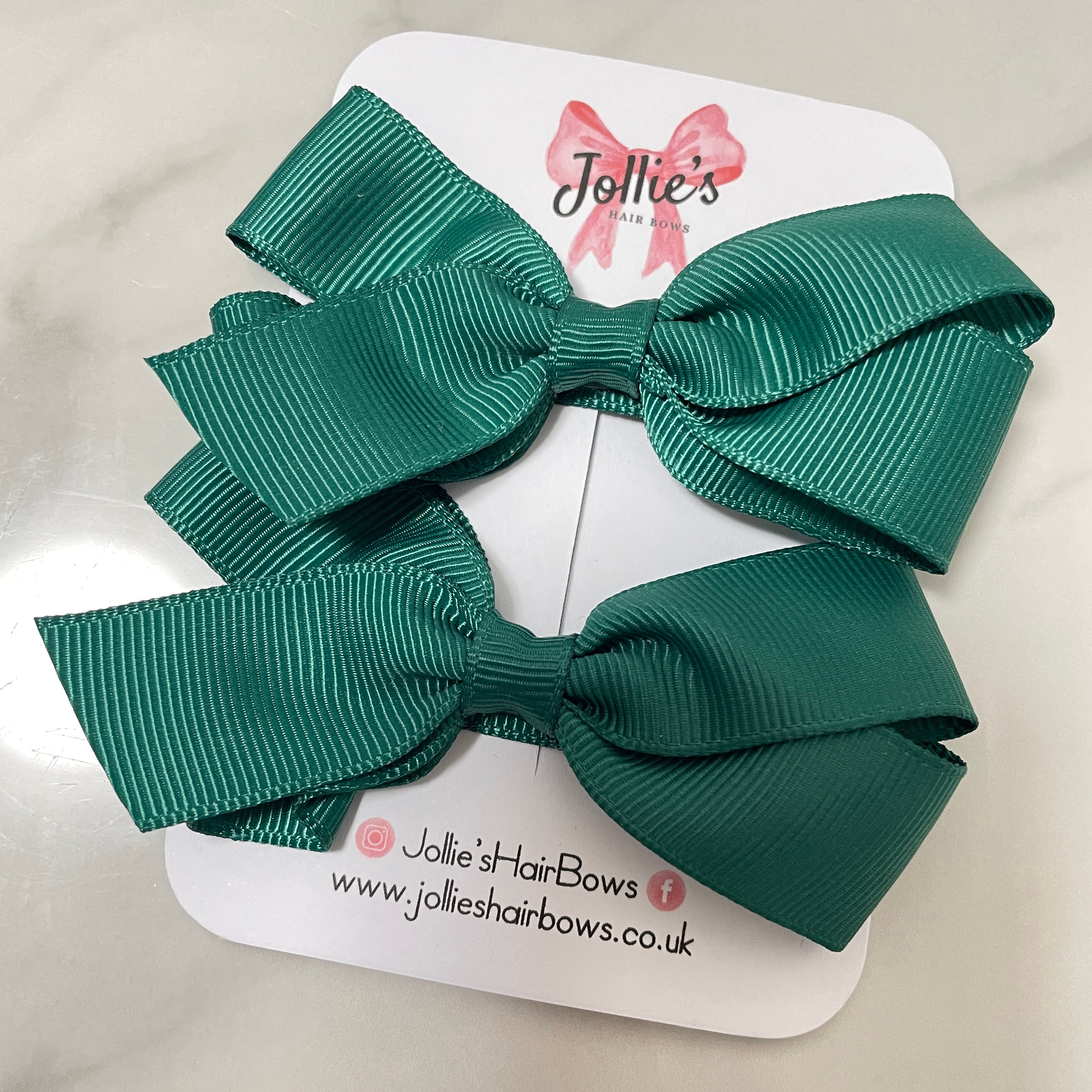 3.5" Hunter Green Hair Bows with Clip (Pair) – Grosgrain Ribbon with Lined Alligator Clip