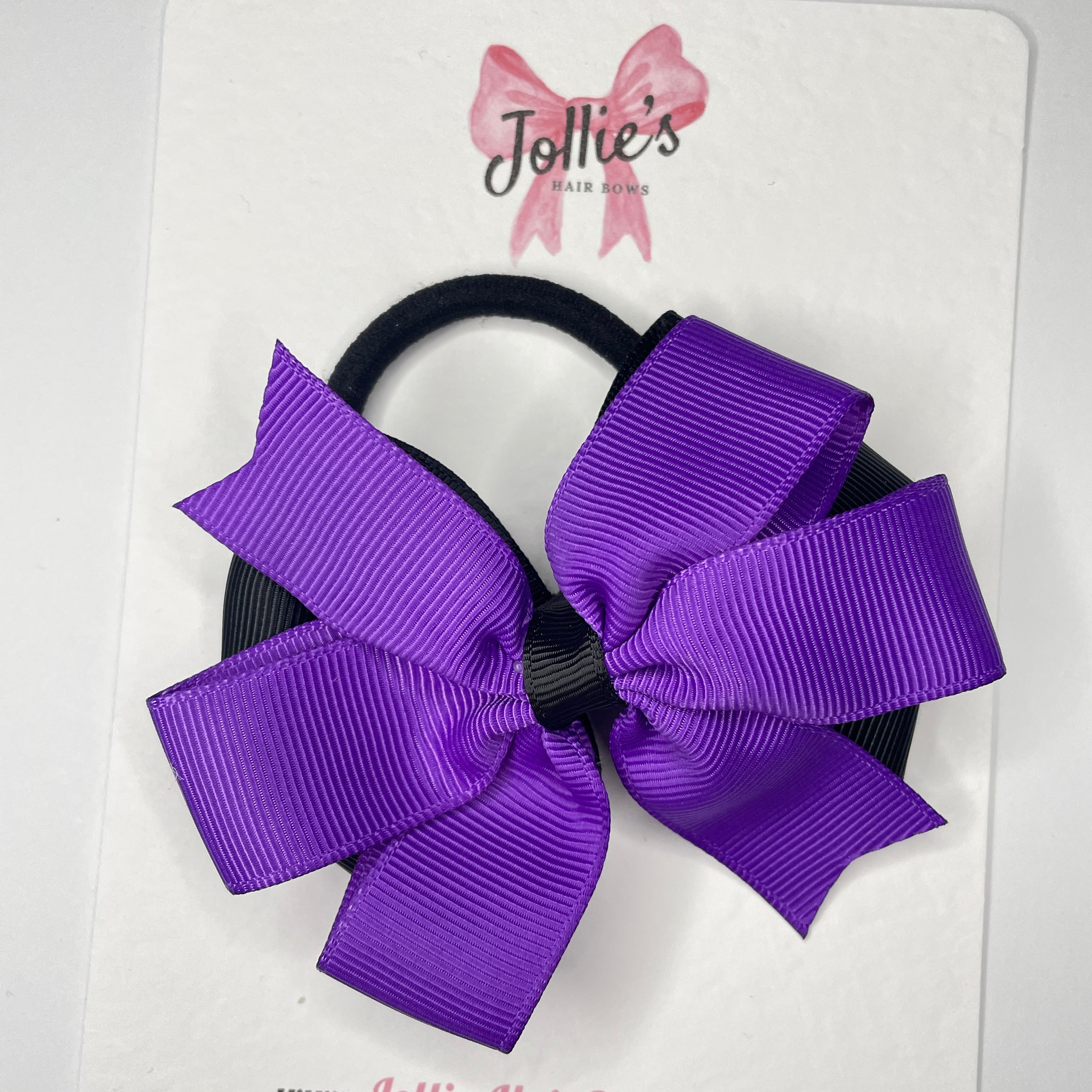 3.5" Black & Purple Flat Double Hair Bow – Thick Elastic Bobble