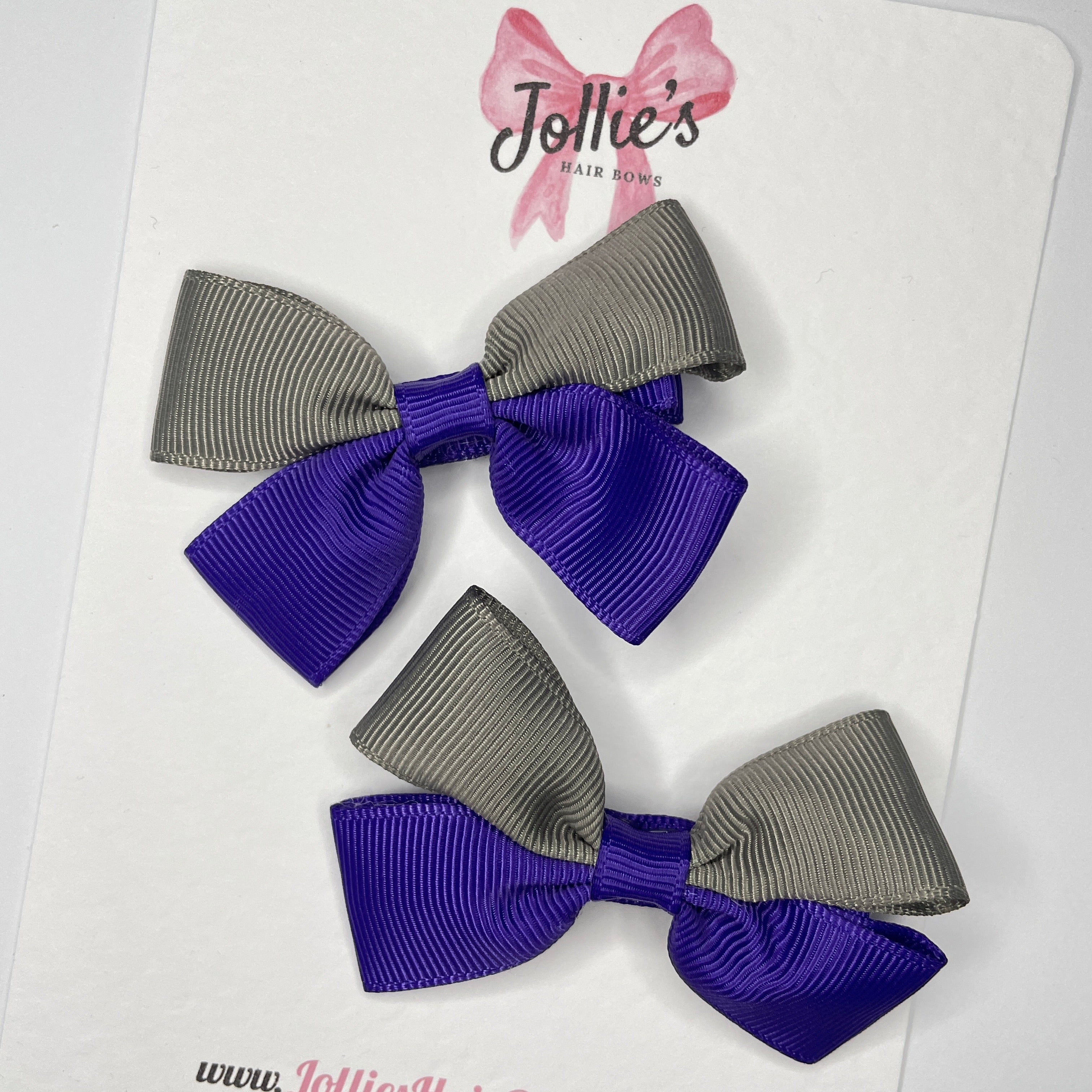 2.5" Regal Purple & Metal Grey Hair Bows (Pair) – Grosgrain Ribbon with Alligator Clips
