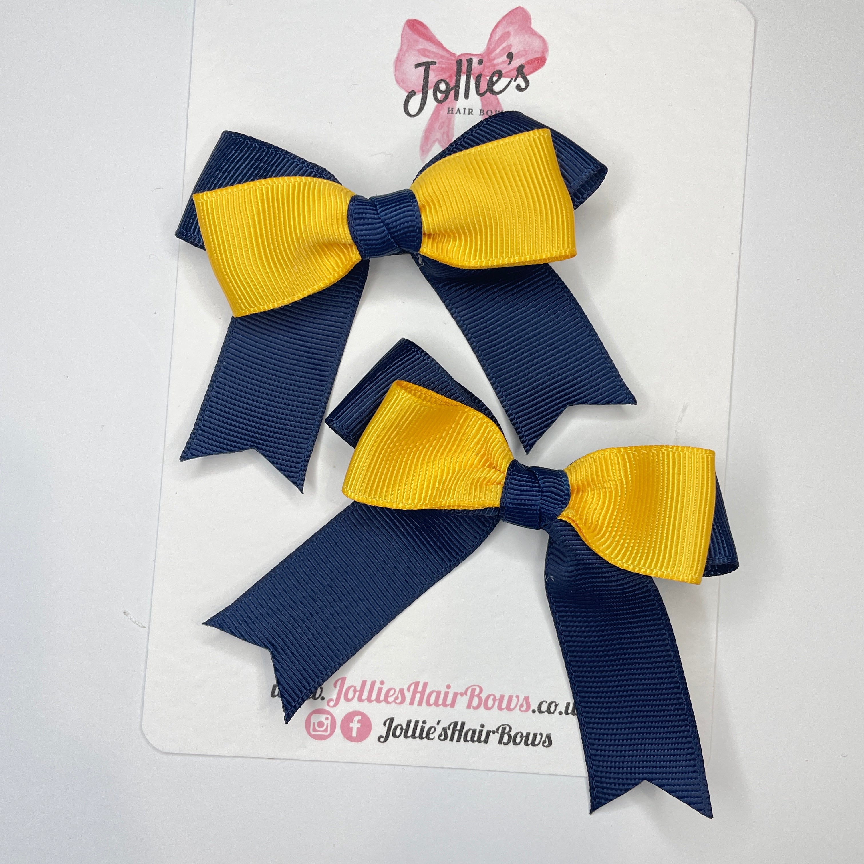 3" Navy & Yellow Gold Tail School Hair Bows (Pair) – Grosgrain Ribbon with Smooth Alligator Clips