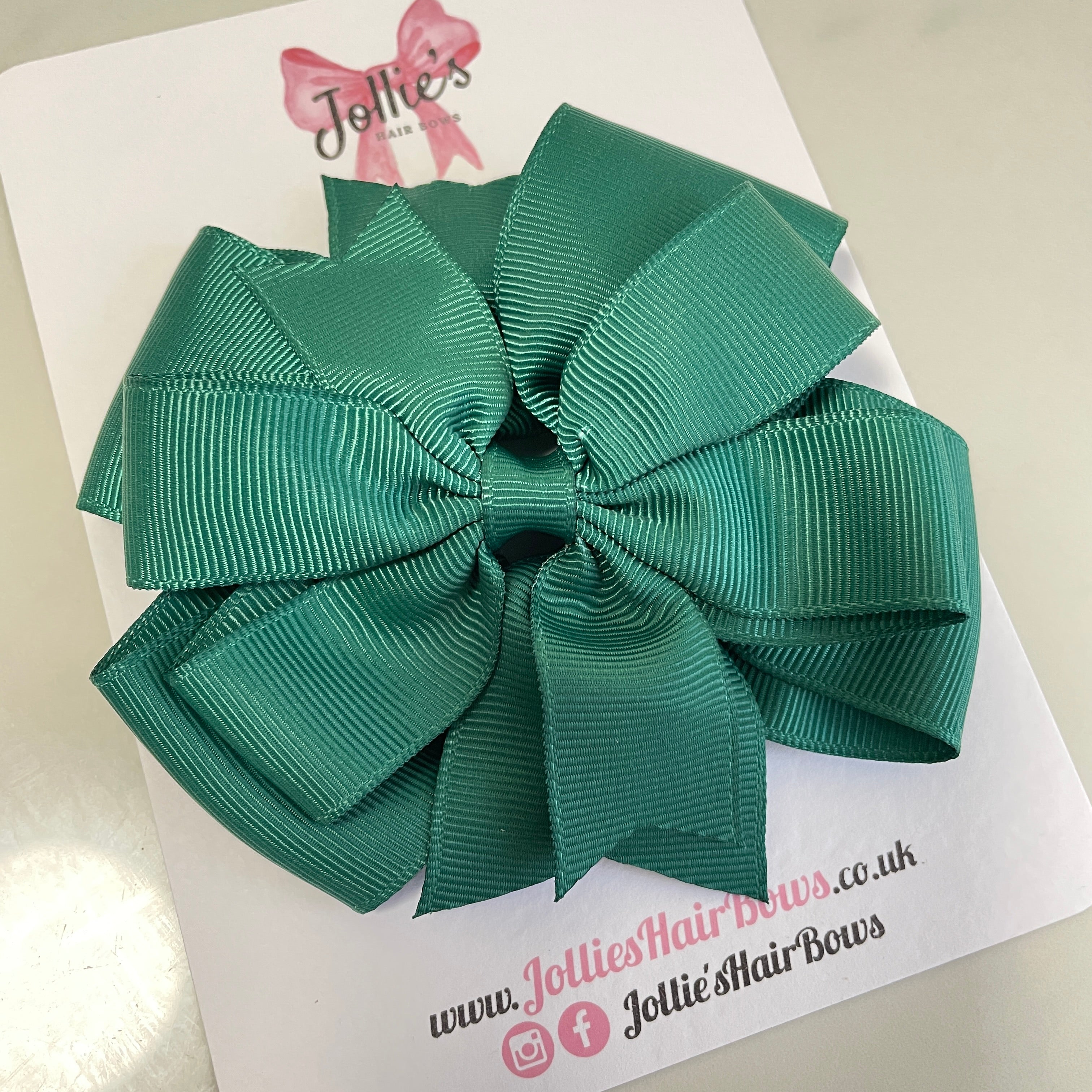 4.5" Hunter Green Double Layer Pinwheel Hair Bow – Grosgrain Ribbon with Thick Elastic Bobble