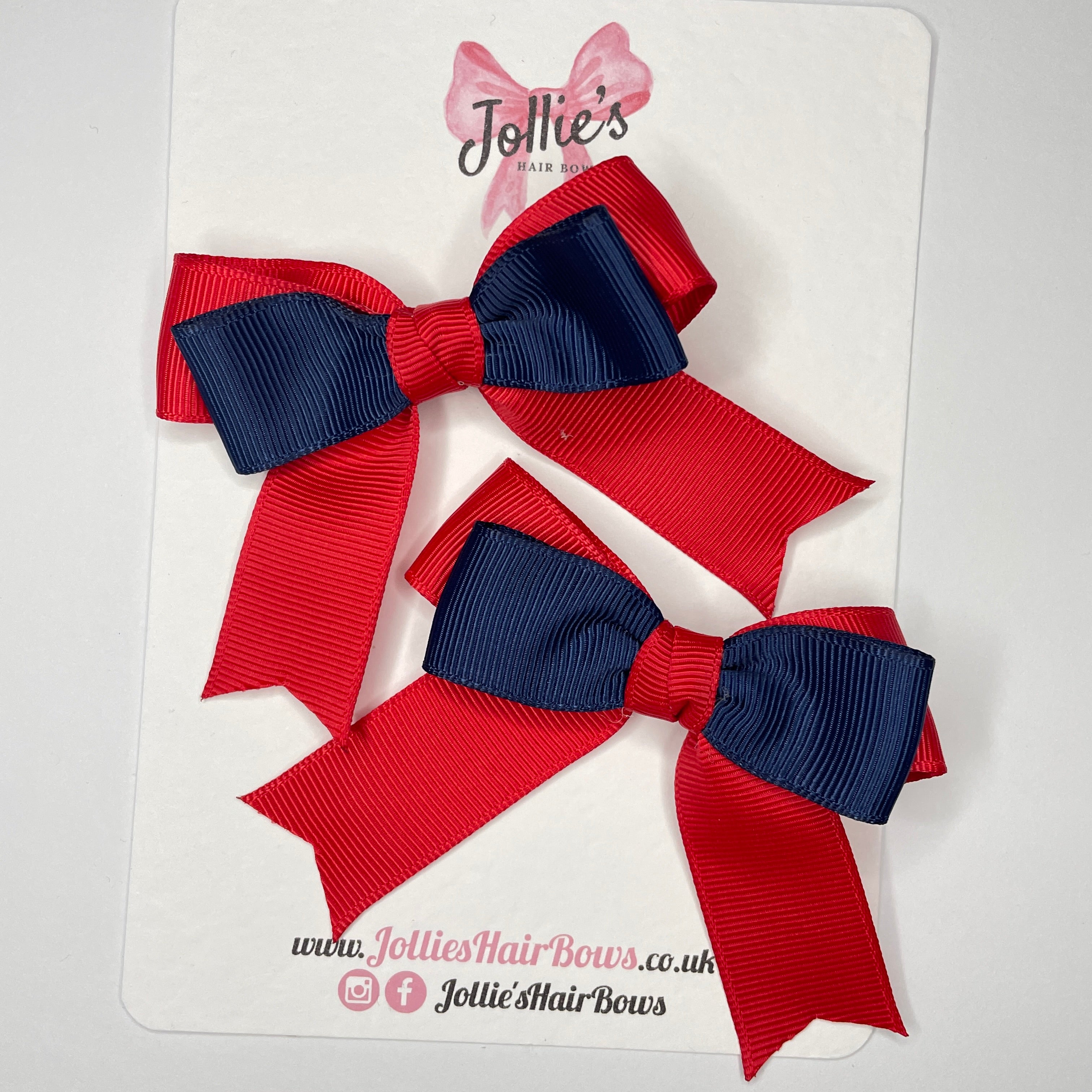 3" Red & Navy Tail School Hair Bows (Pair) – Grosgrain Ribbon with Smooth Alligator Clips