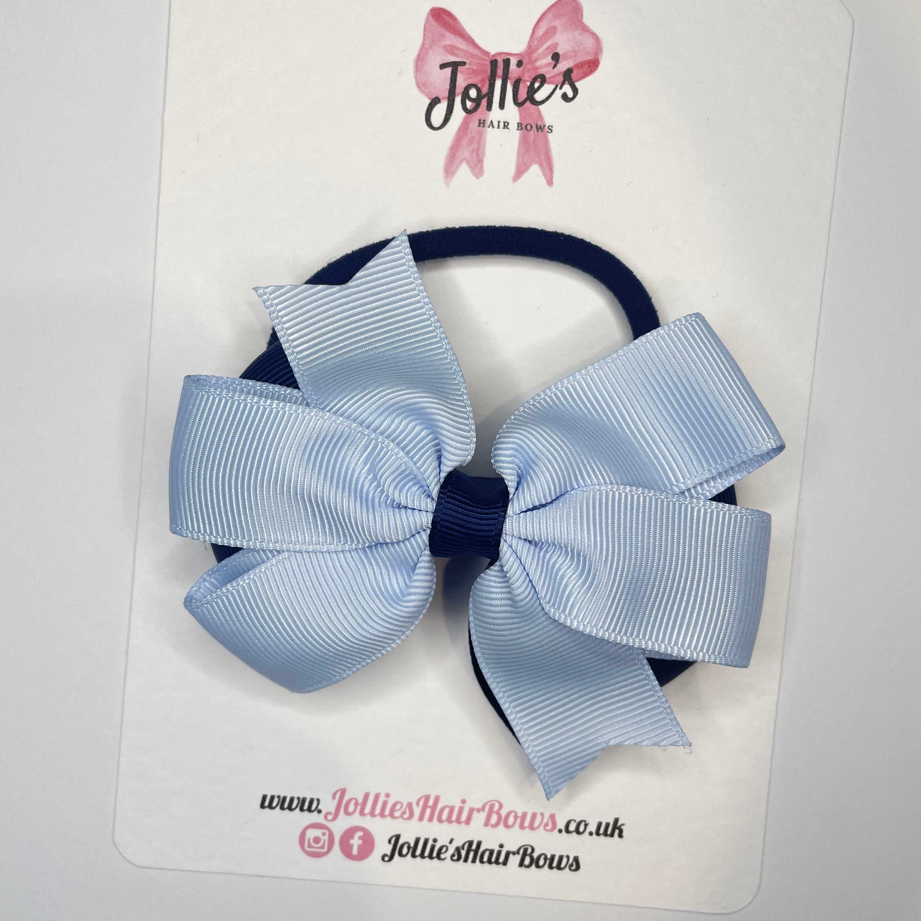 3.5" Navy & Bluebell Flat Double Hair Bow – Thick Elastic Bobble
