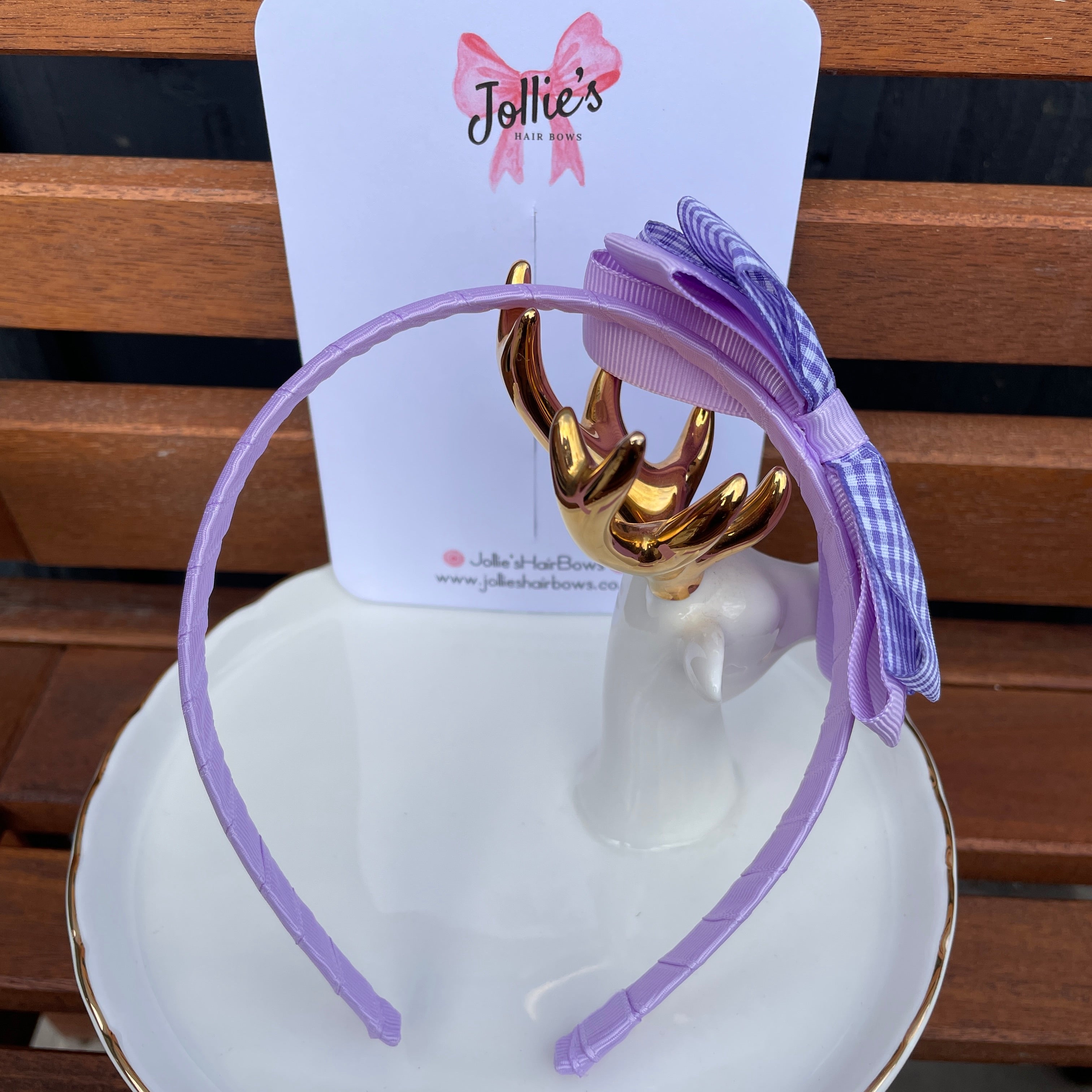 4" Flat Bow Headband – Lilac Gingham
