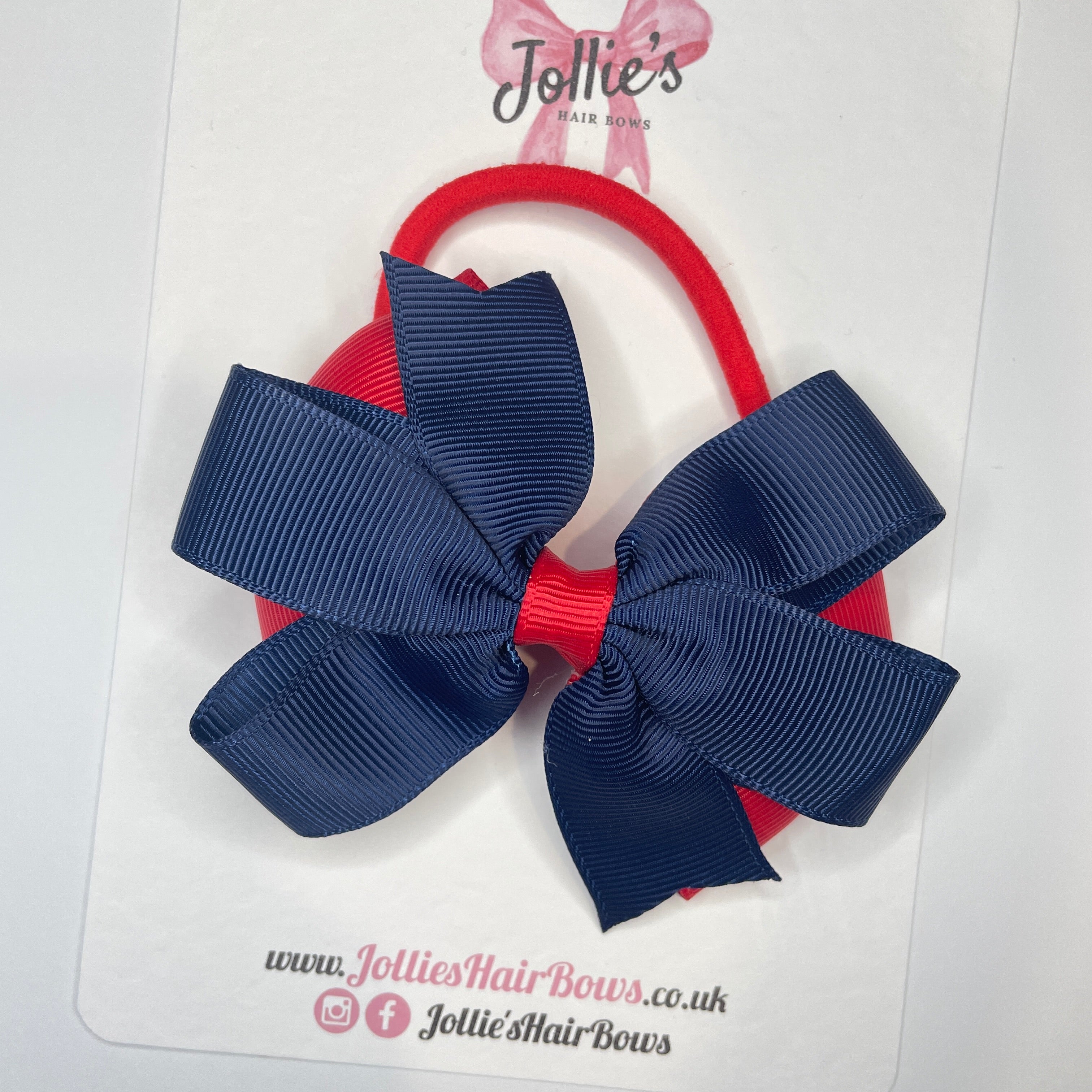 3.5" Red & Navy Flat Double Hair Bow – Thick Elastic Bobble
