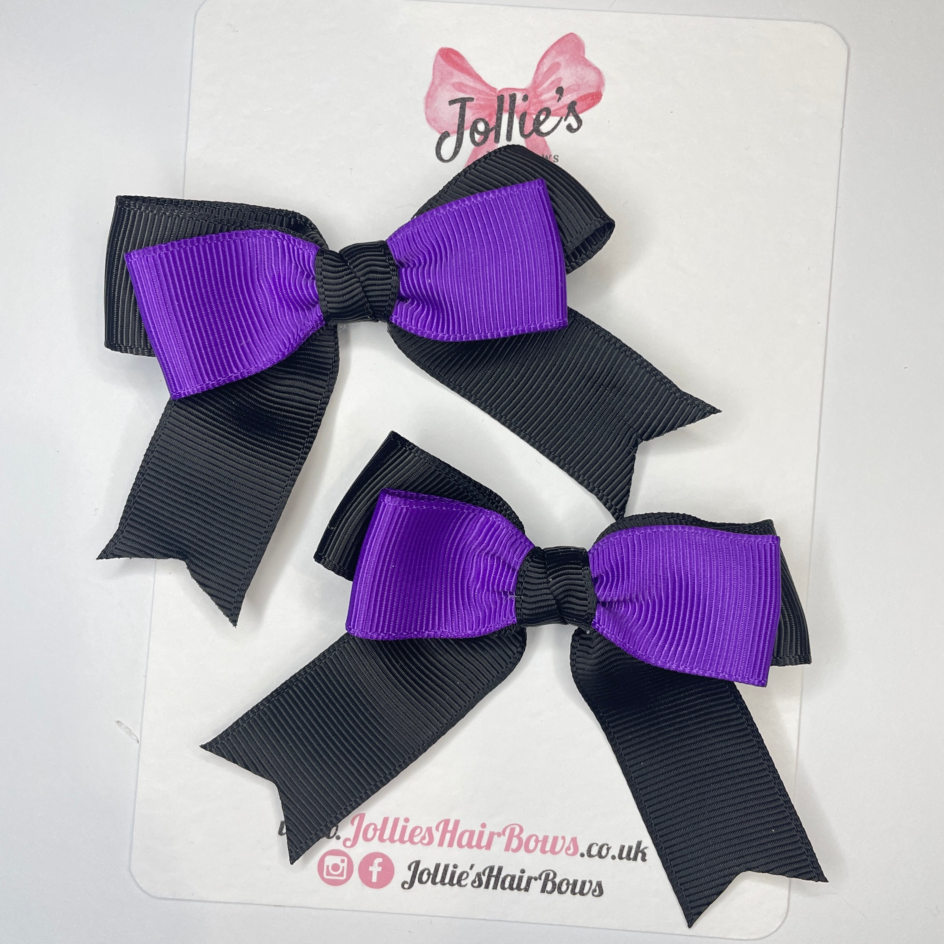 3" Black & Purple Tail School Hair Bows (Pair) – Grosgrain Ribbon with Smooth Alligator Clips