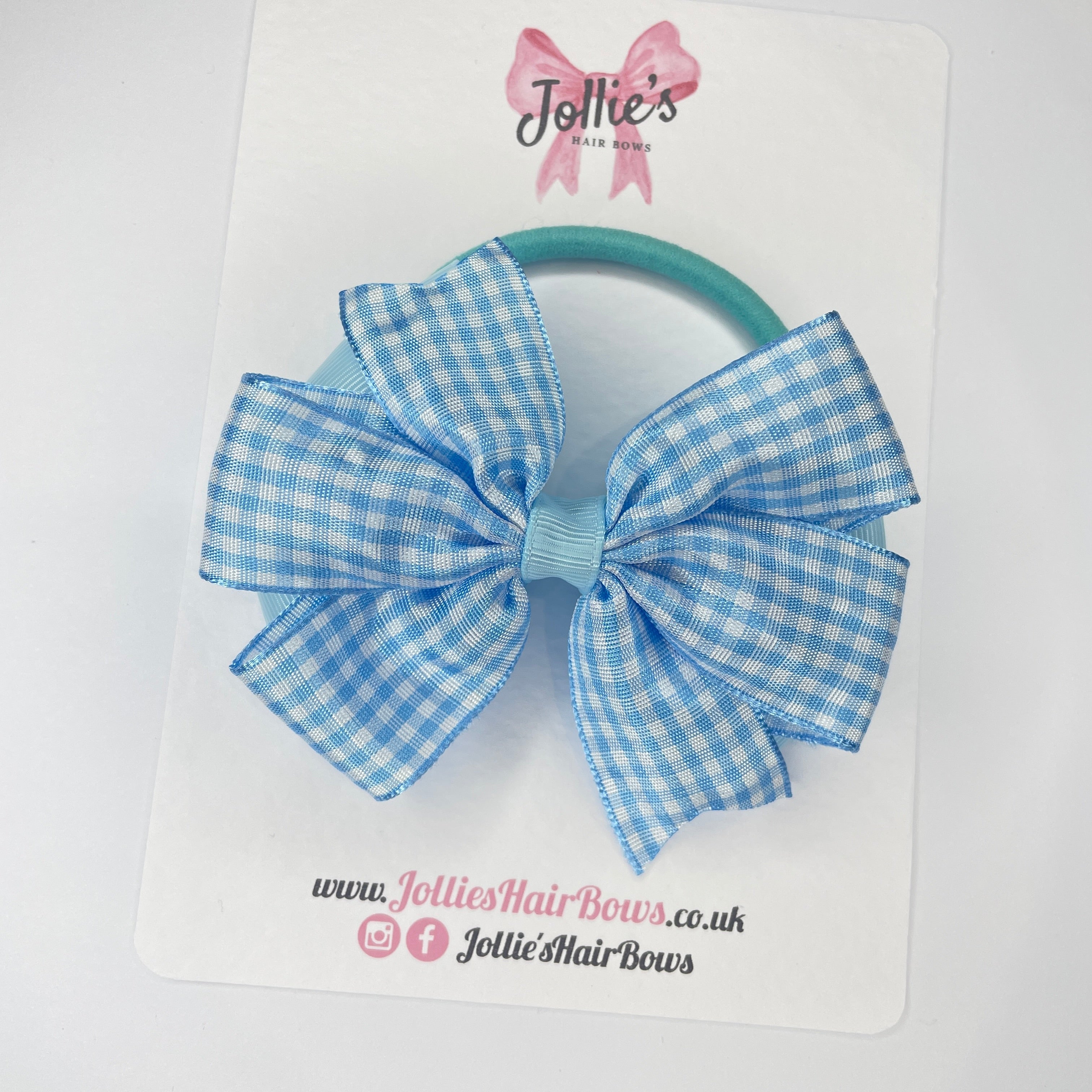 3.5" Light Blue Gingham Flat Double Hair Bow – Grosgrain Ribbon with Thick Elastic Bobble