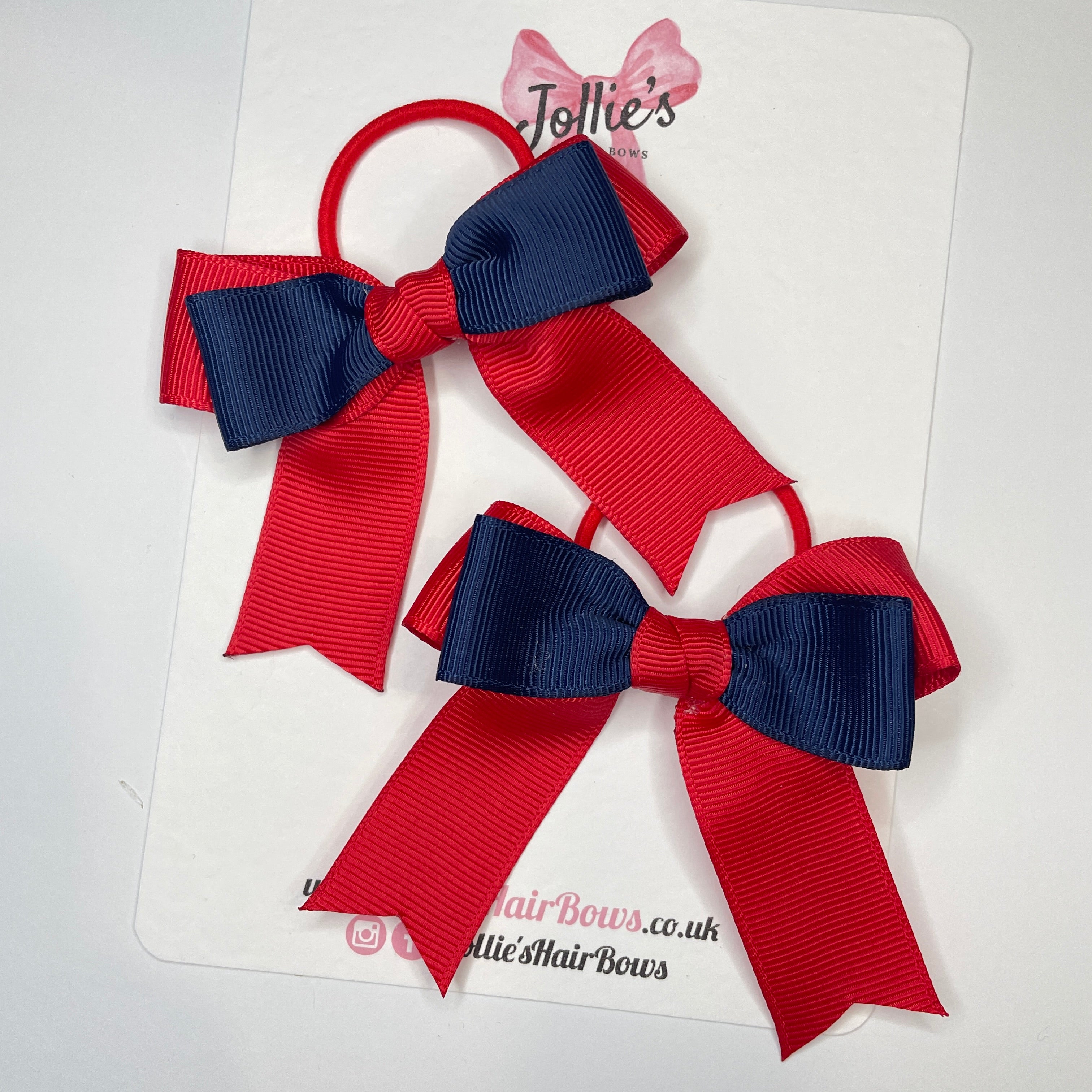 3" Red & Navy Tail School Hair Bows (Pair) – Grosgrain Ribbon with Thin Elastic Bobbles