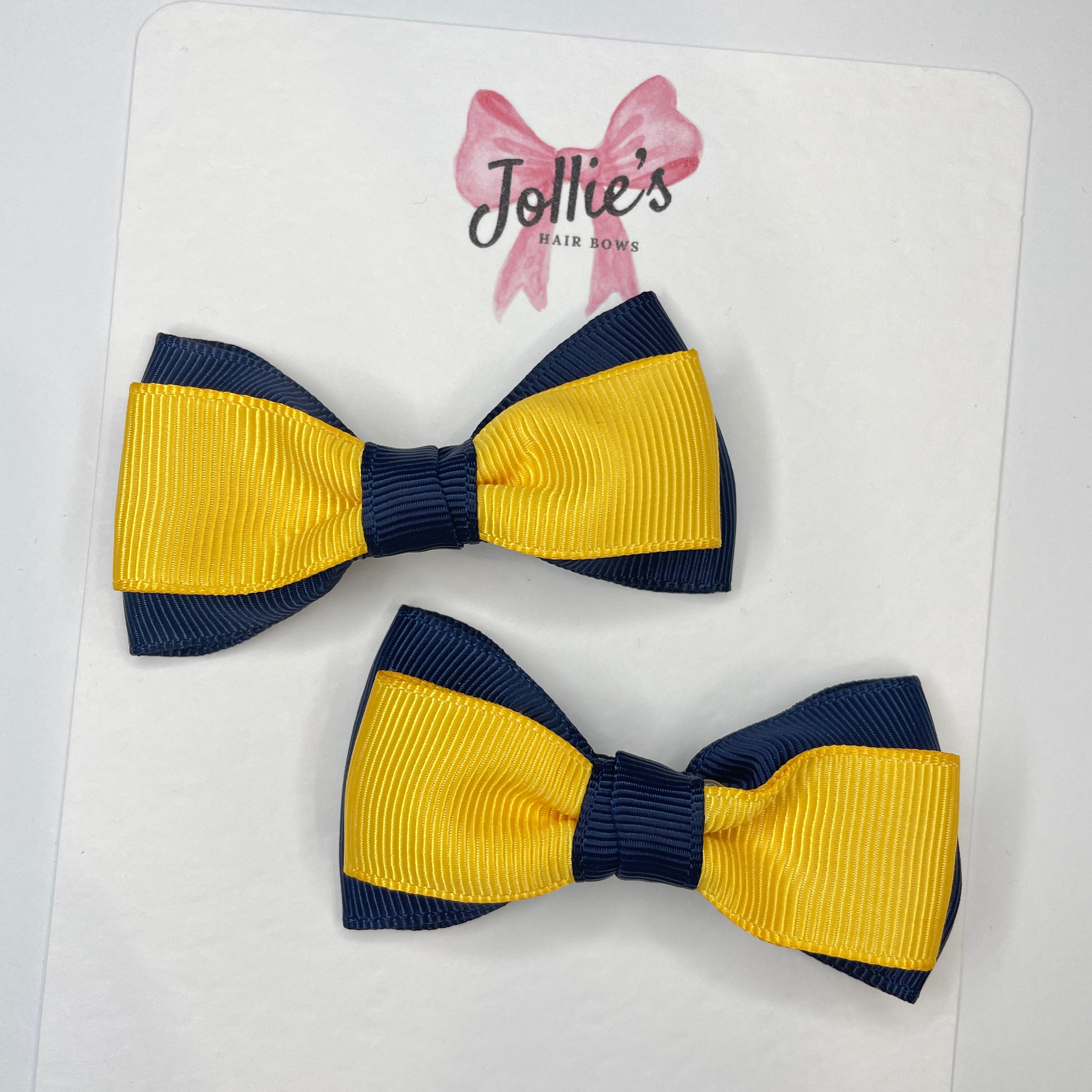 3" Navy & Yellow Gold School Hair Bows (Pair) – Grosgrain Ribbon with Smooth Alligator Clips
