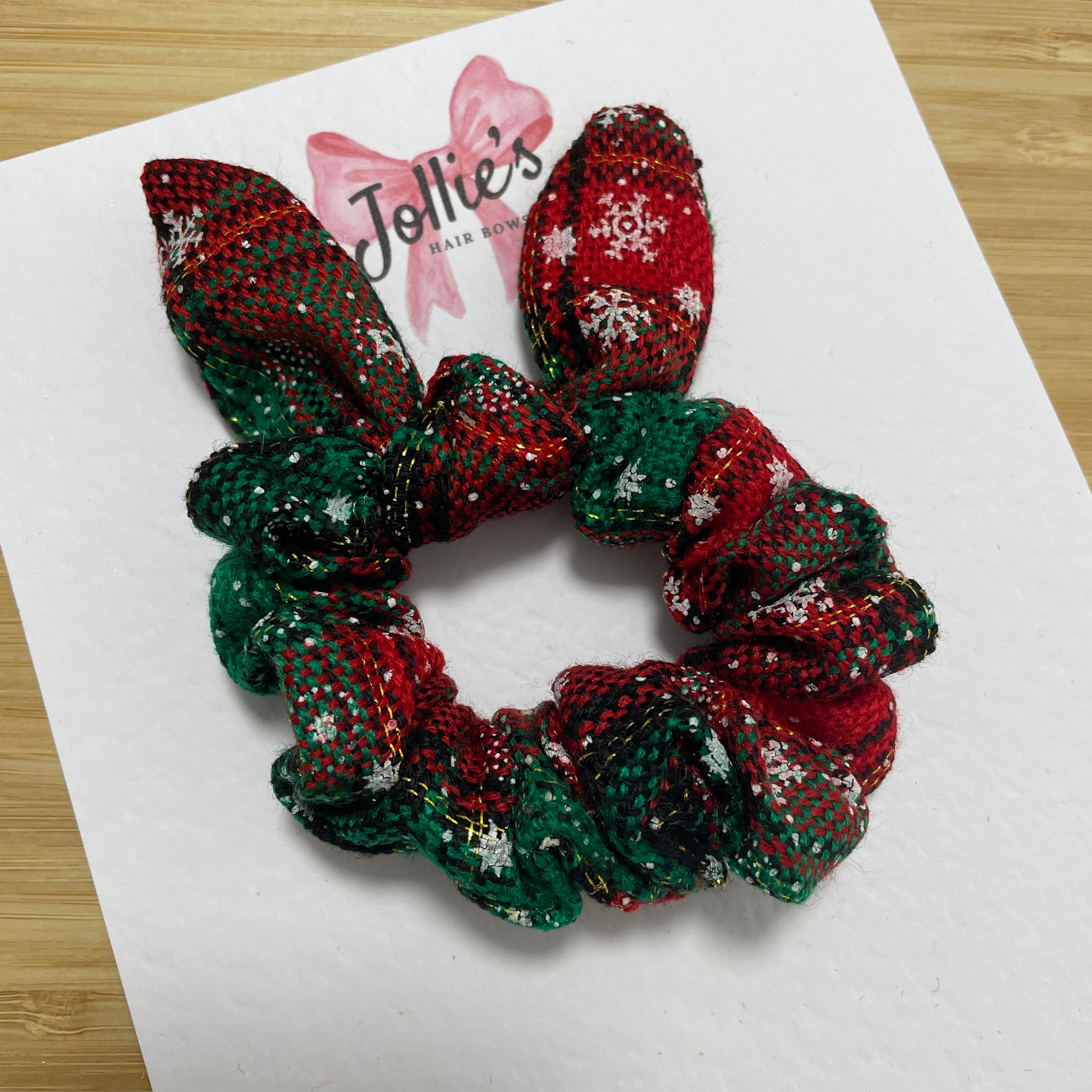 Christmas Velvet Bunny Ear Scrunchie – Red & Green Tartan Snowflake