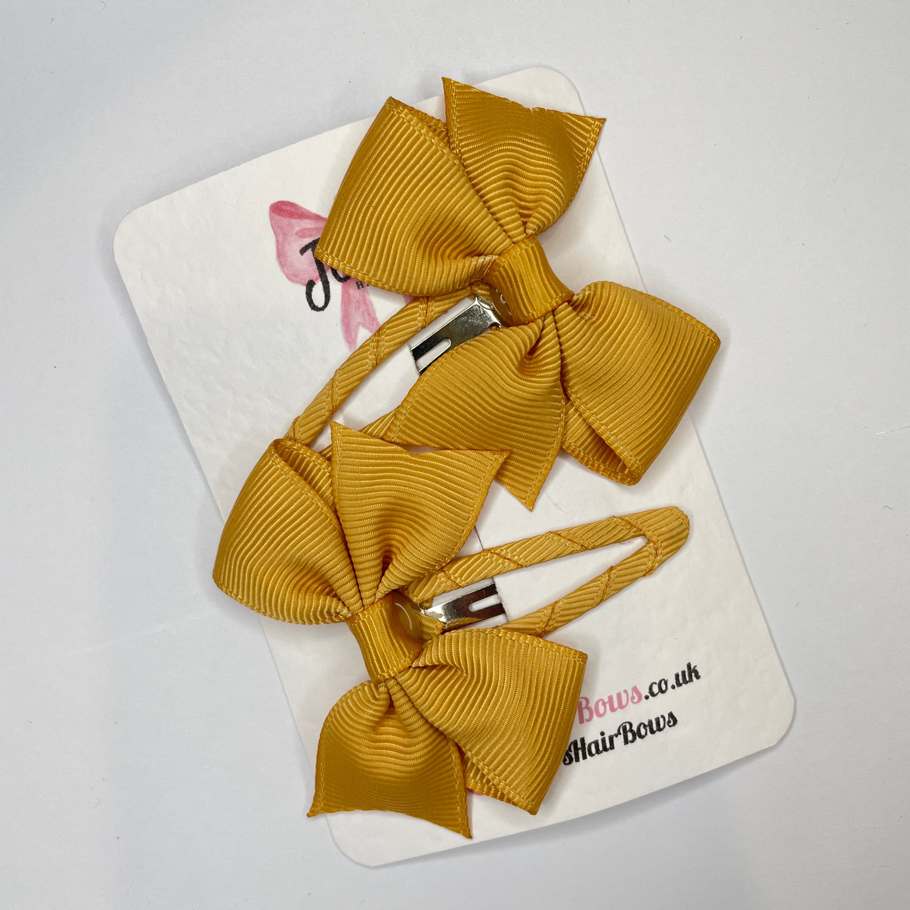 2.5" Old Gold Bow Snap Clips – Grosgrain Ribbon Hair Clips for Girls (Set of 2)