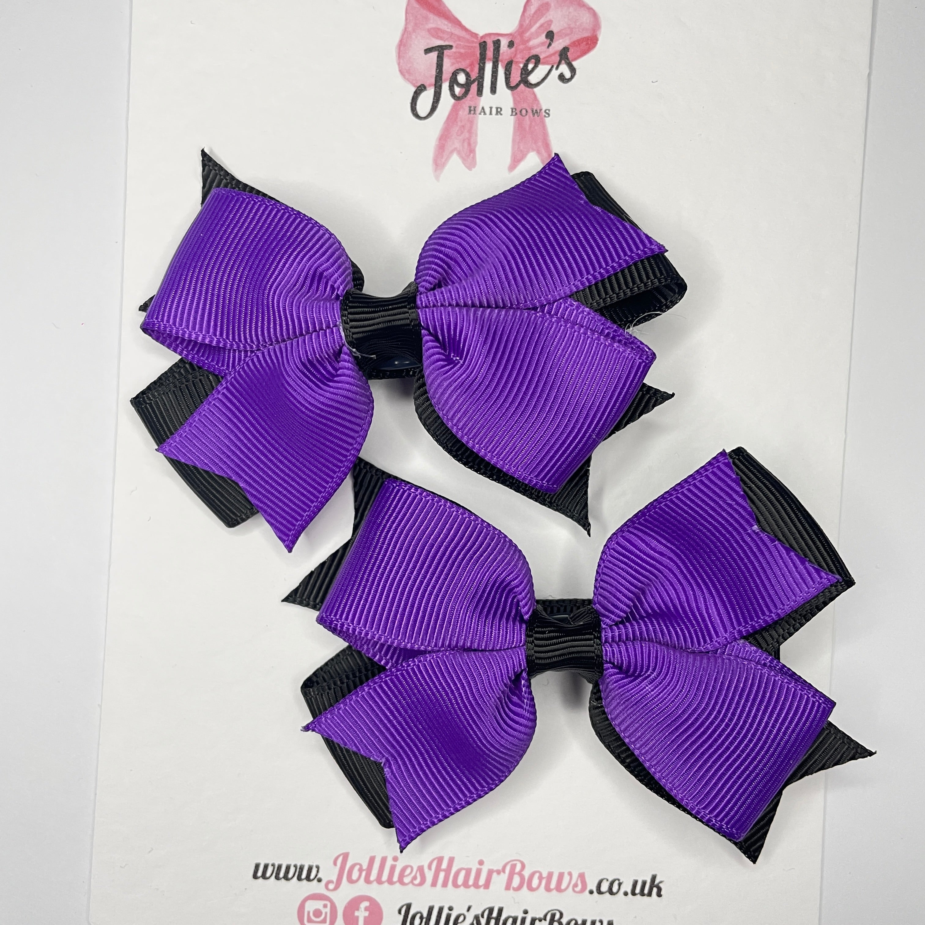 3" Double Layer Bow with Clip (Pair) – Black & Purple
