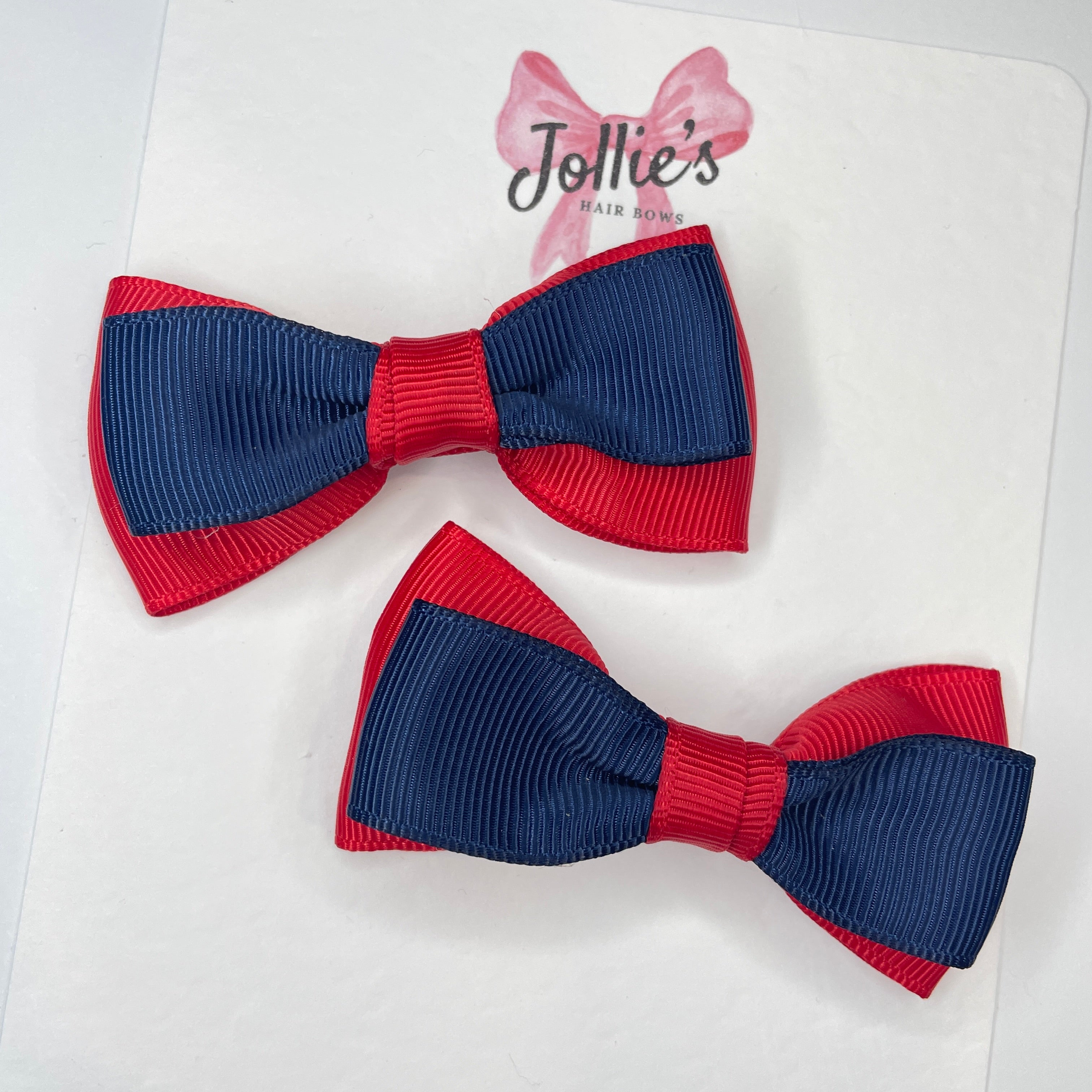 3" Red & Navy School Hair Bows (Pair) – Grosgrain Ribbon with Smooth Alligator Clips