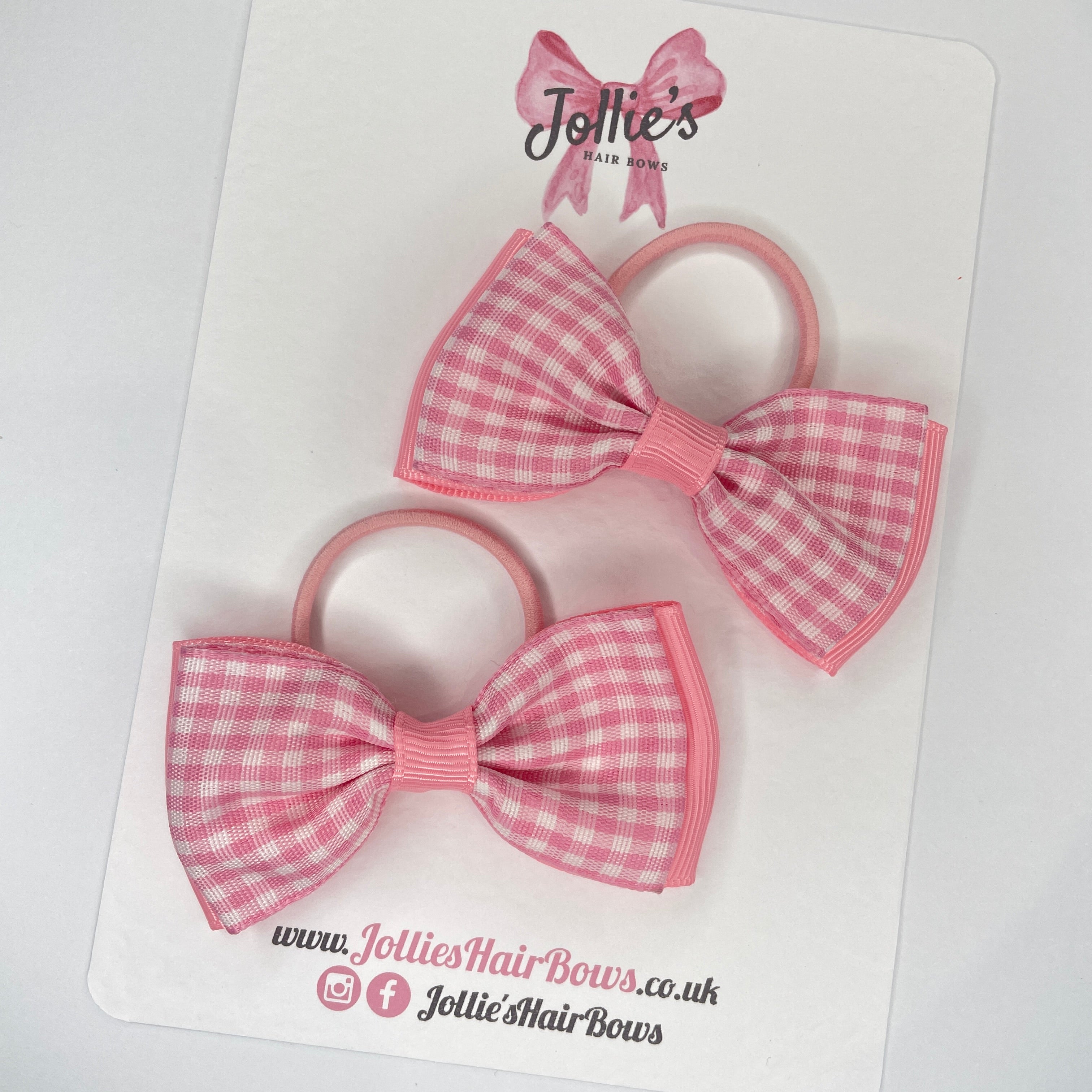 3" Pink Gingham Flat Double Hair Bows (Pair) – Grosgrain Ribbon with Thin Elastic