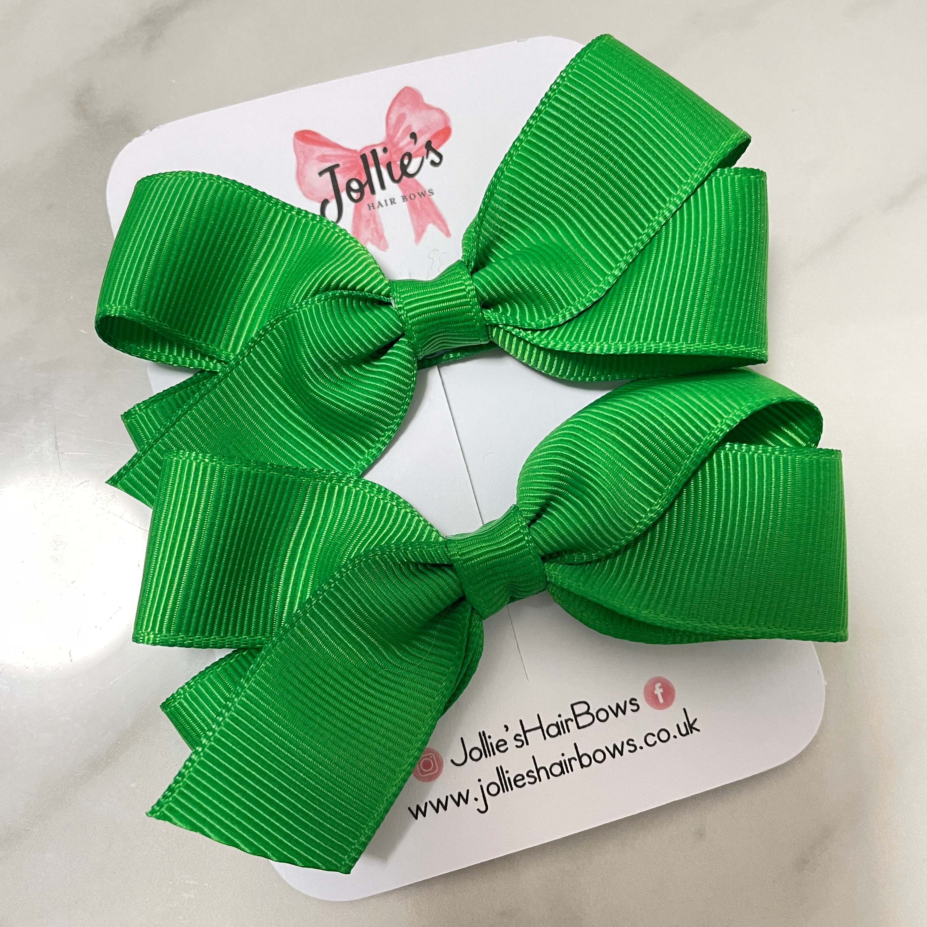 3.5" Emerald Green Hair Bows with Clip (Pair) – Grosgrain Ribbon with Lined Alligator Clip