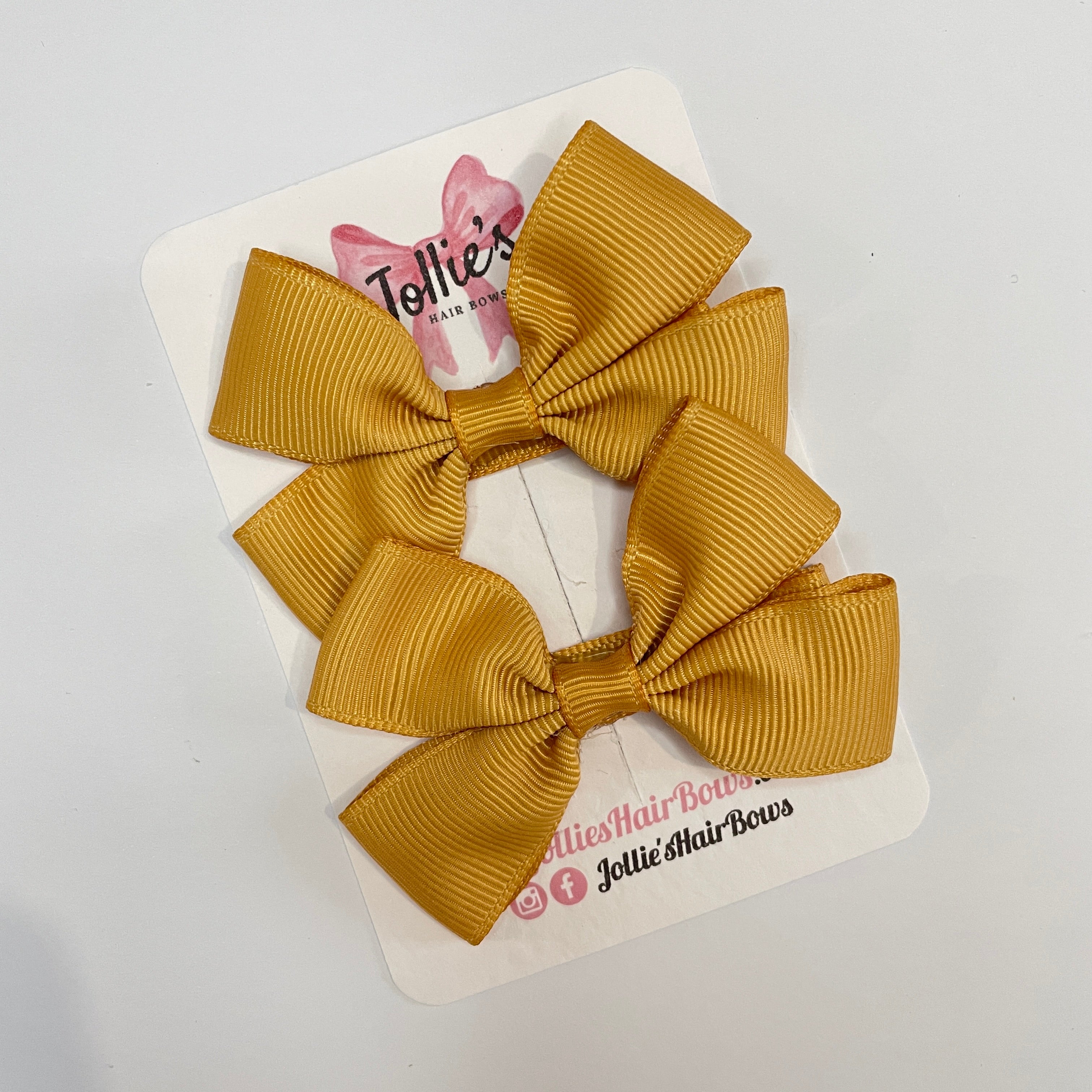 2.5" Old Gold Classic Hair Bows (Pair) – Grosgrain Ribbon with Lined Alligator Clips