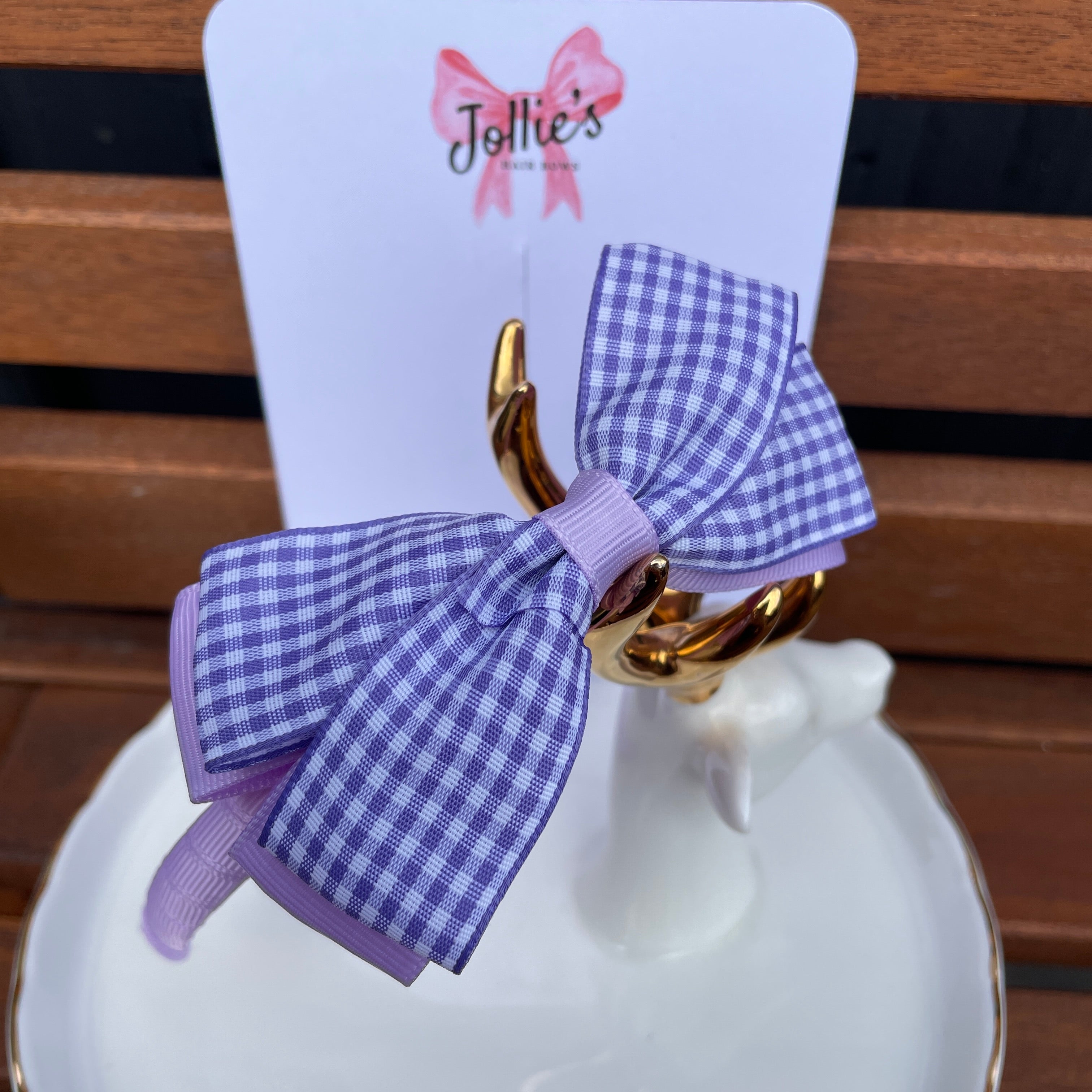 4" Flat Bow Headband – Lilac Gingham